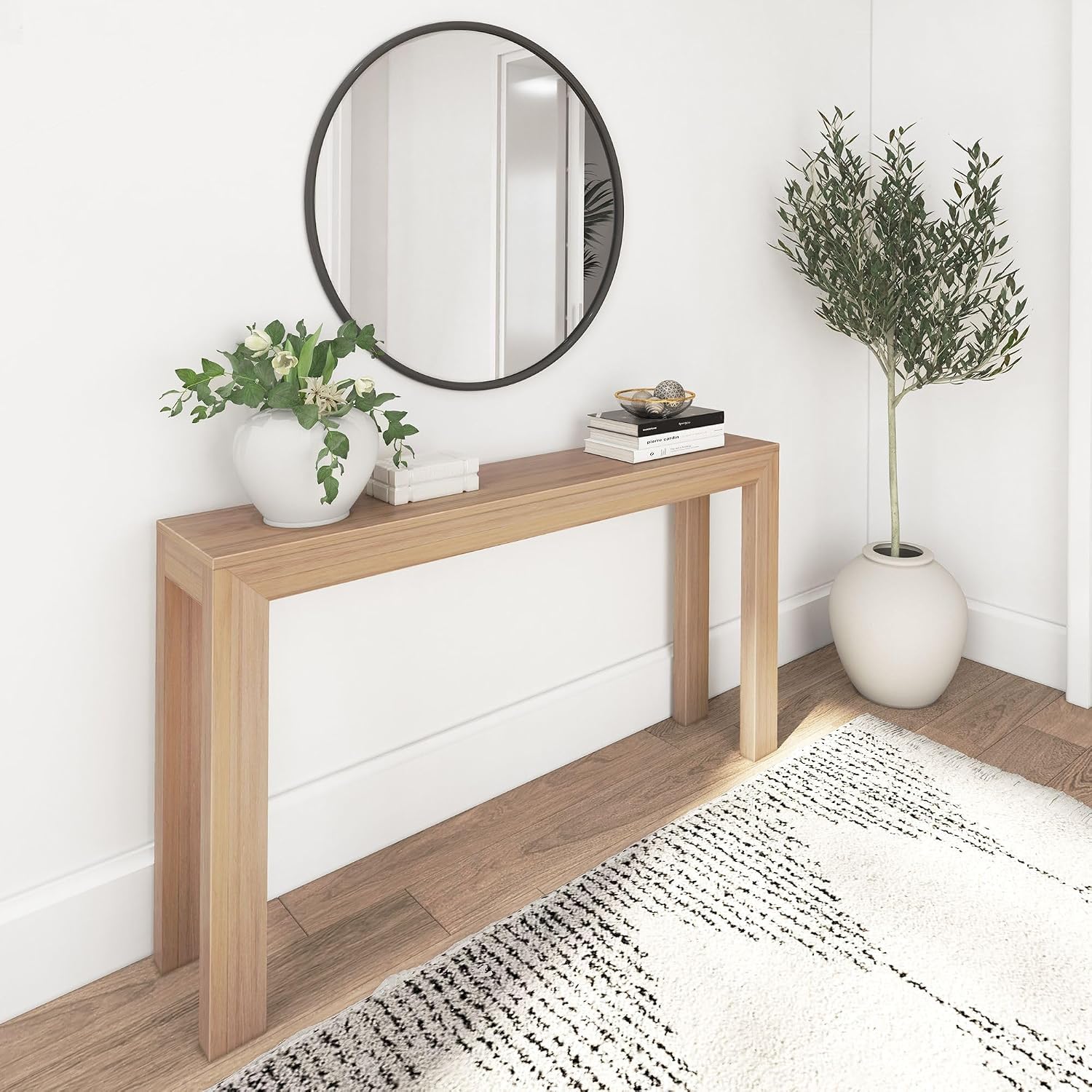 Plank+Beam Modern 56 Inch Console Table, Solid Pine Wood Entryway Table, Narrow Sofa Table for Hallway or Living Room, Blonde