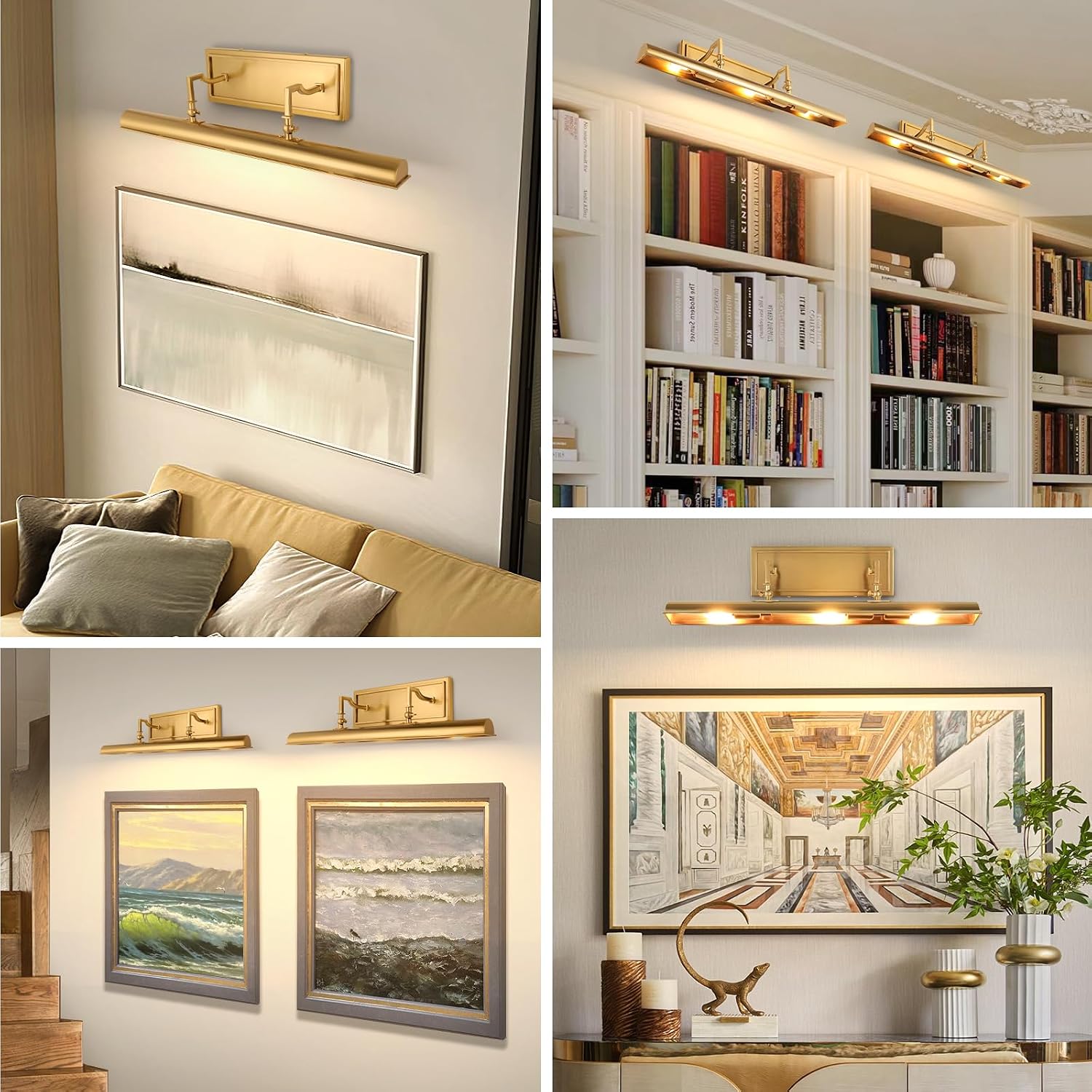 BELS Picture Light for Wall, 24 Inch Gold Wall Light Hardwire, Warm Light 2700K, 270° Rotatable, E12 Base, 3-Light Picture Frame Lights for Painting, Living Room, Bedroom, 2 Pack