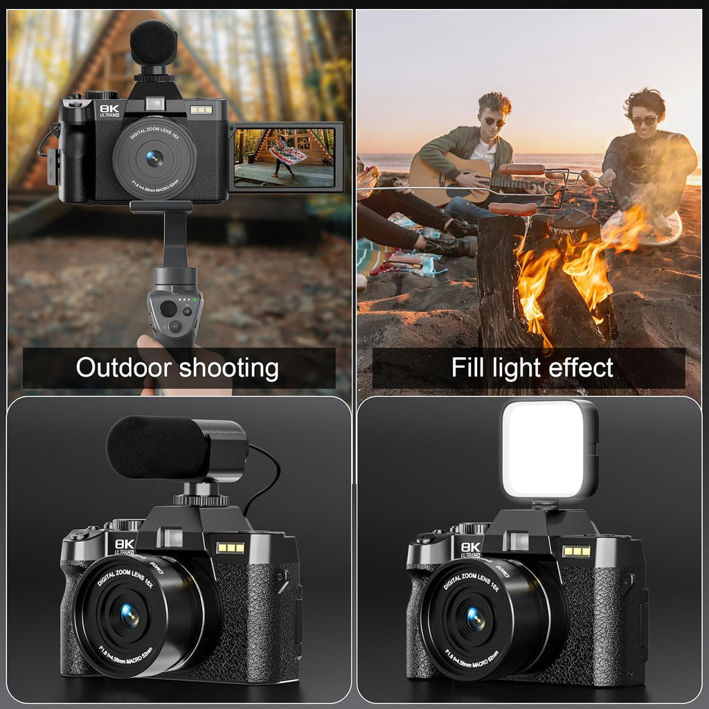 8K Digital Cameras for Photography, 64MP Vlogging Camera with 180°Flip Screen，2 Batteries, 64GB TF Card，16X Zoom, WiFi, 3 Color Filters,Microphone, Tripod, Wide & Macro Lens Kit (Black)
