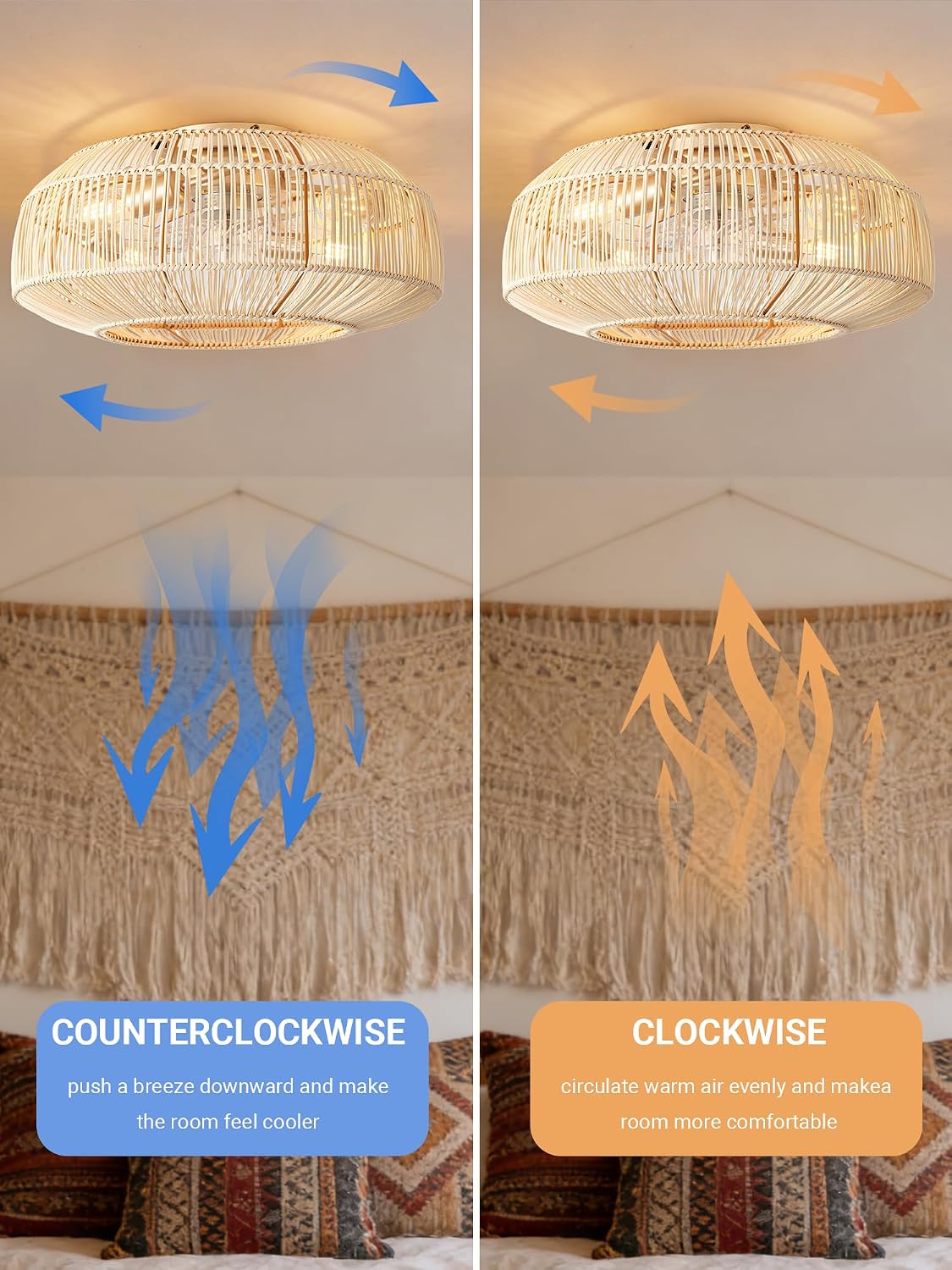 Boho Caged Ceiling Fan with Light, 20' Rattan Flush Mount Ceiling Fans with Lights Remote Contro, Bladeless Enclosed Fandelier Fan Safe for Bedroom, Living room, Nursery
