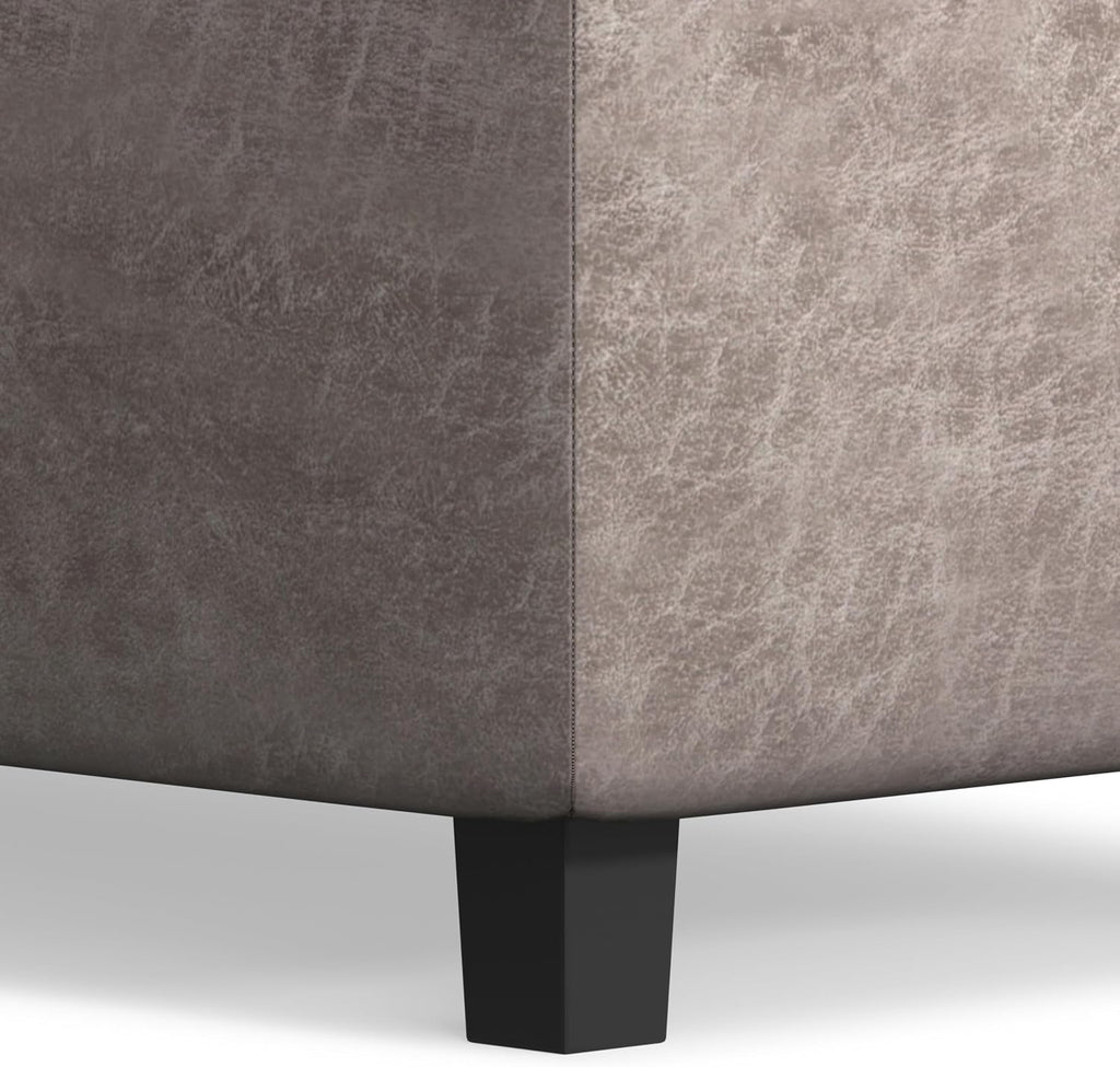 SIMPLIHOME Cosmopolitan Storage Ottoman - 34 inch Wide Upholstered Vegan Leather Rectangle Storage Ottoman Bench in Distressed Grey Taupe, Transitional Tufted Ottoman for Living Room with Lift-Up Lid
