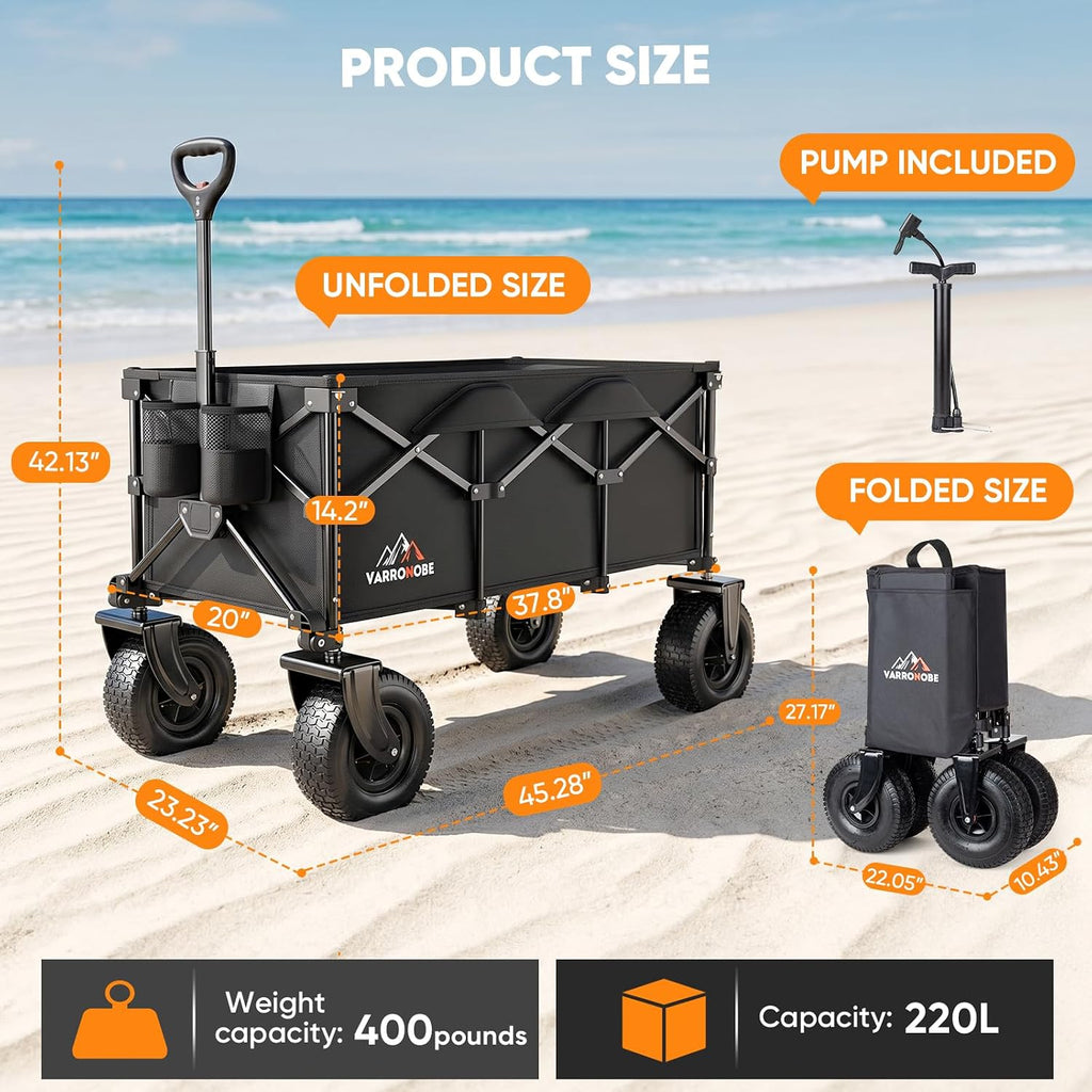 All-Terrain Beach Wagon with 10' x 3.5' Big Inflatable Rubber Wheels for Sand, 220L Collapsible Utility Wagon, 400 lbs Heavy Duty Folding Cart with 2 Cup Holders for Camping, Sports, Garden, Black