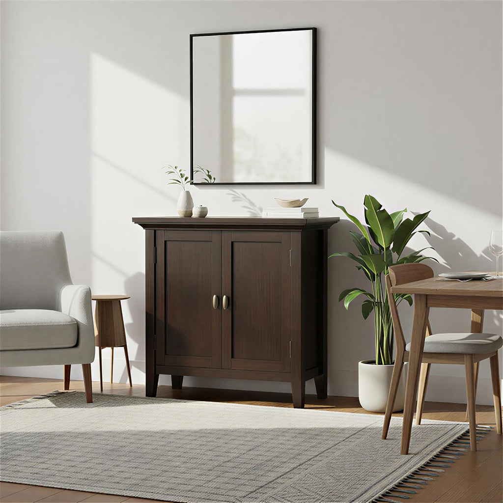 SIMPLIHOME Redmond Storage Cabinet - 32 inch Wide Solid Wood 2-Shelf Low Storage Cabinet in Brunette Brown, Transitional Accent Cabinet for Entryway with Adjustable Shelves and Tapered Legs