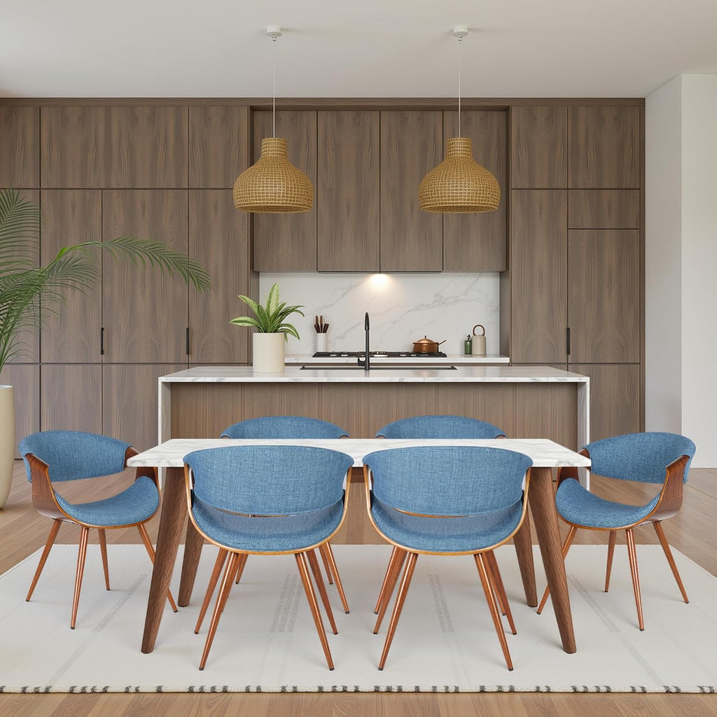 Armen Living Butterfly Mid-Century Dining Chair in Walnut Finish and Blue Fabric - Set of 6