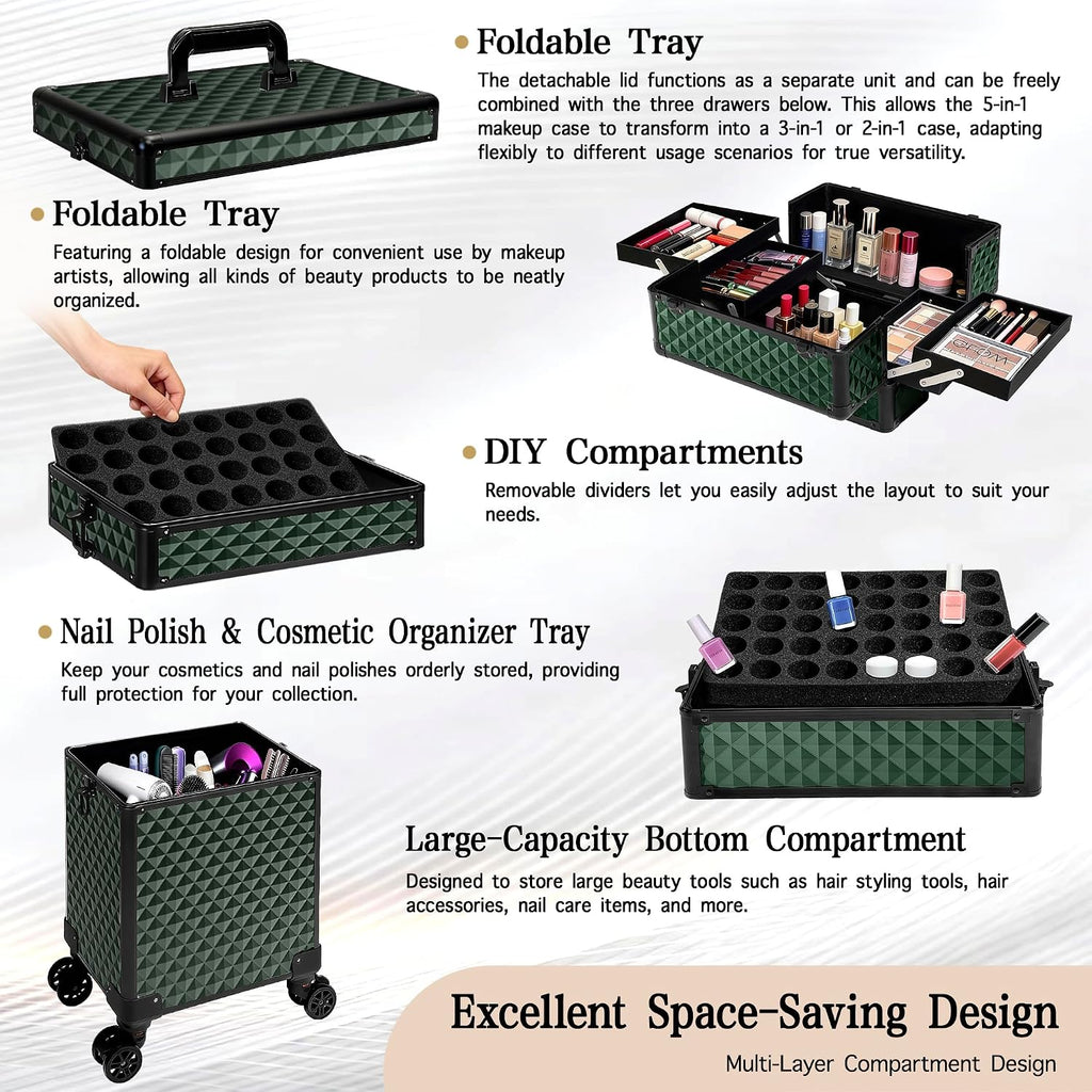 5 in 1 Rolling Makeup Train Case on Wheels Large Cosmetic Organizer Travel Cart for Women Beauty Salon Barber Hairstylist Green