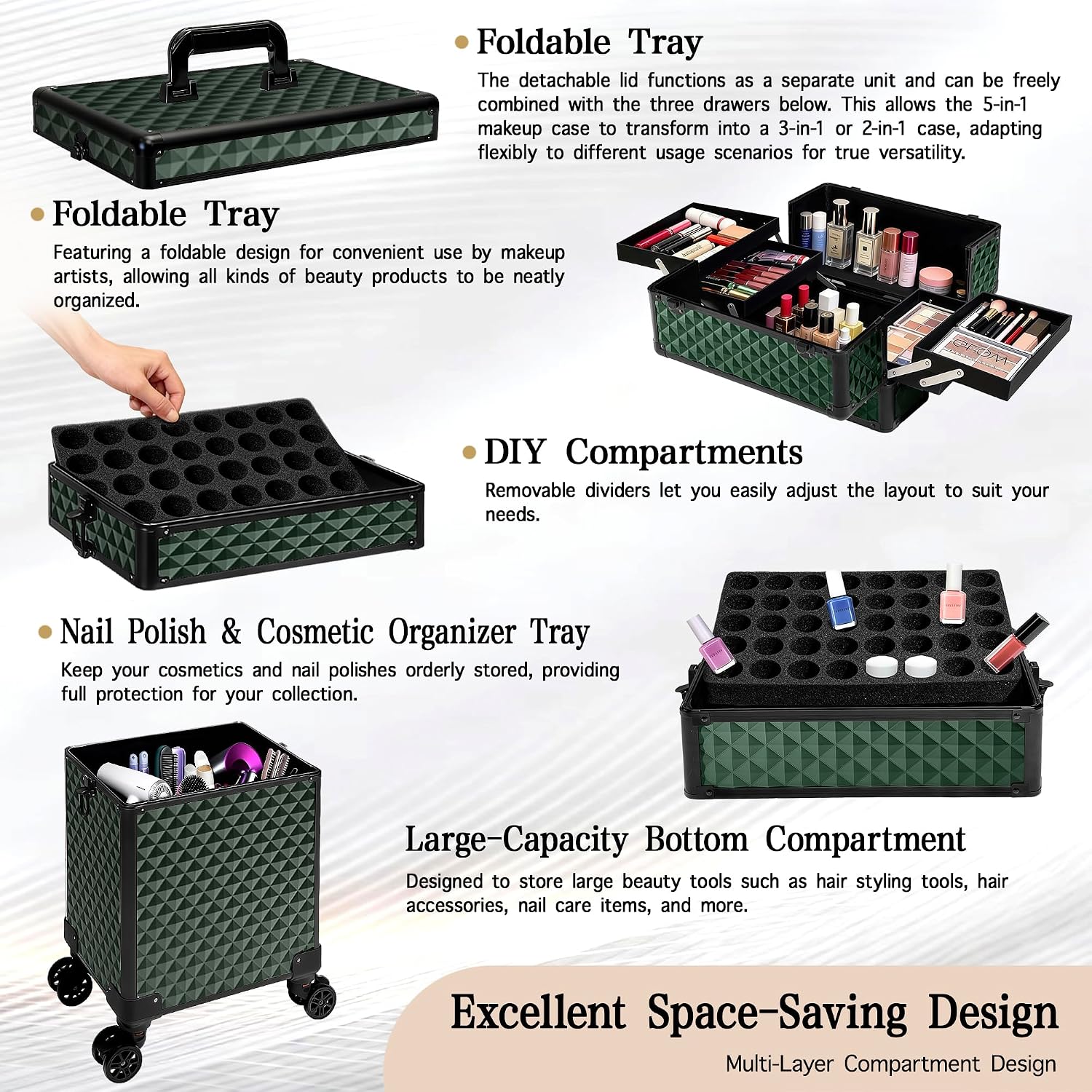 5 in 1 Rolling Makeup Train Case on Wheels Large Cosmetic Organizer Travel Cart for Women Beauty Salon Barber Hairstylist Green