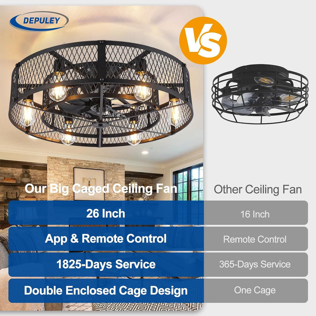 Depuley Low Profile Ceiling Fan: 26' Flush Mount Ceiling Fan Lights Reversible - Industrial Caged Ceiling Fans Light Fixture 6 Speeds for Bedroom Kitchen Black E26 Base Bulbs Not Included