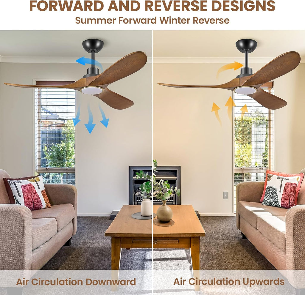 52 Inch Wood Ceiling Fans with Lights and Remote Control, Low Profile DC Motor Ceiling Fan with Light, Reversible 6 Speeds, 3CCT Dimmable LED, Noiseless Modern Fan for Bedroom Living Room Patio