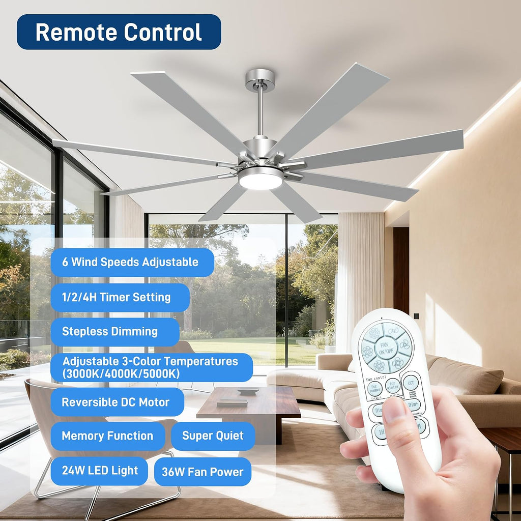 72 Inch Ceiling Fans with Lights and Remote Control, Low Profile & Downrod Mount 8-Blade Modern Nickel Ceiling Fan, 3CCT Dimmable LED Light, Quiet DC Motor for Bedroom Living Room, ETL Listed