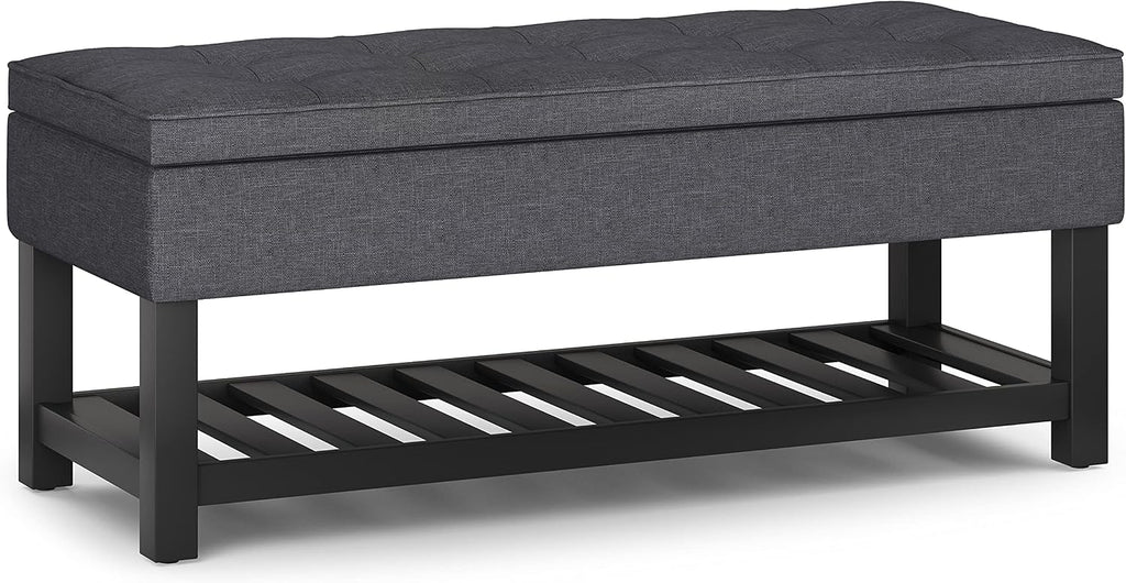 SIMPLIHOME Cosmopolitan Storage Ottoman Bench - 44 inch Wide Upholstered Linen Look Fabric Rectangle Storage Ottoman in Slate Grey, Transitional Bench for Bedroom with Tufted Lift-Top and Open Shelf