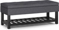 SIMPLIHOME Cosmopolitan Storage Ottoman Bench - 44 inch Wide Upholstered Linen Look Fabric Rectangle Storage Ottoman in Slate Grey, Transitional Bench for Bedroom with Tufted Lift-Top and Open Shelf