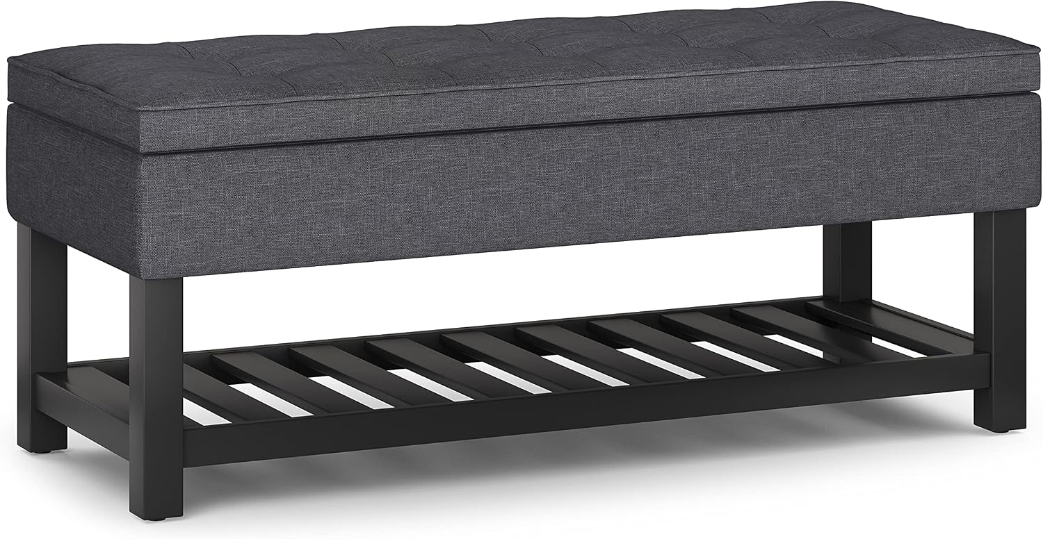 SIMPLIHOME Cosmopolitan Storage Ottoman Bench - 44 inch Wide Upholstered Linen Look Fabric Rectangle Storage Ottoman in Slate Grey, Transitional Bench for Bedroom with Tufted Lift-Top and Open Shelf