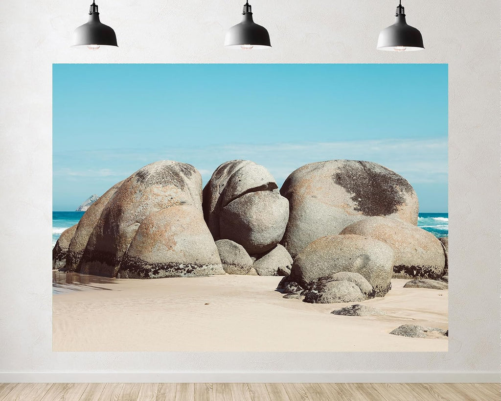 Trykid 20x10ft Coastal Boulders Backdrop with Smooth Rocks and Clear Blue Sky for Photography Background Wedding Bridal Shower Birthday Party Decoration Photo Booth Prop Fabric