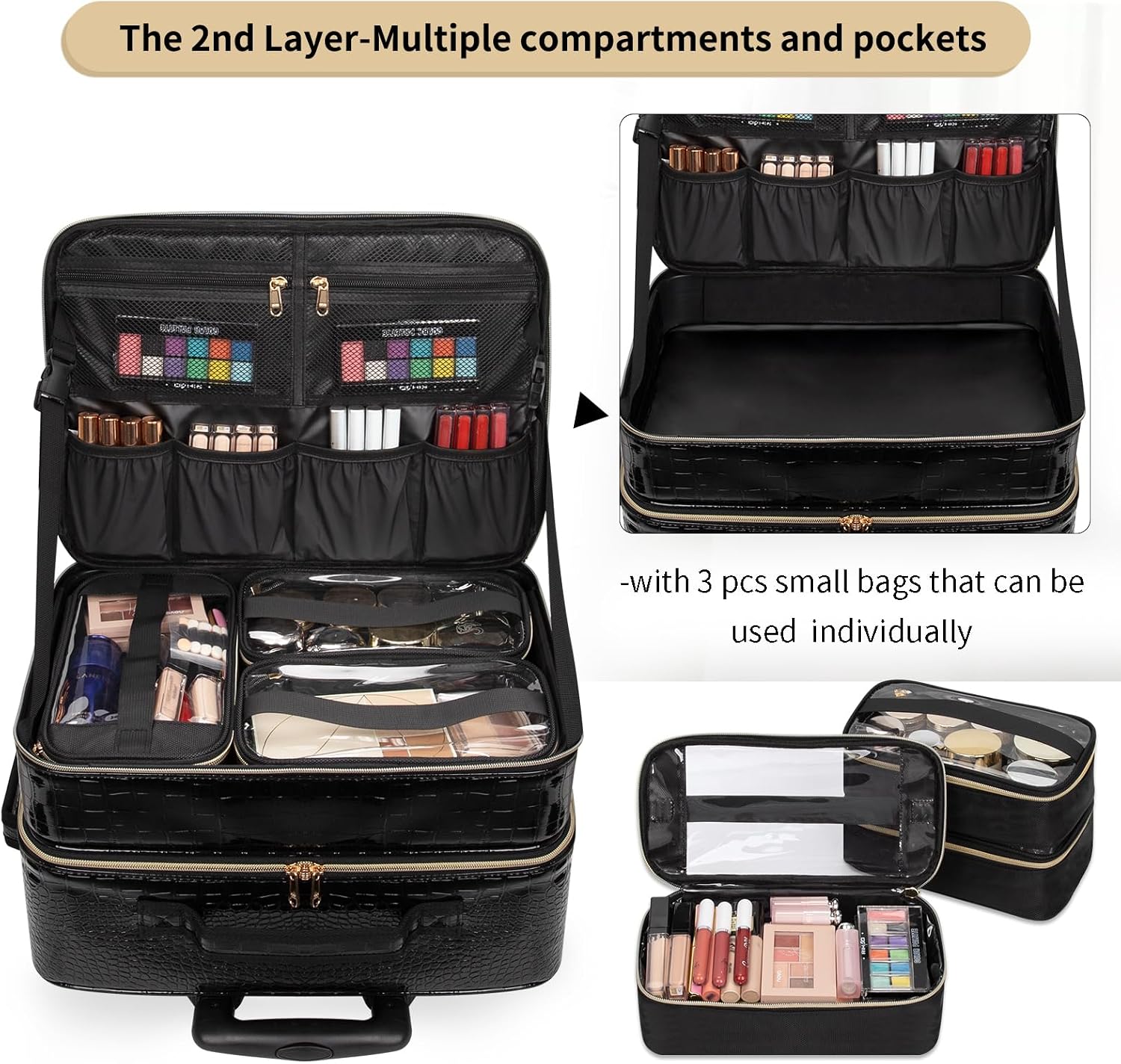 OCHEAL Rolling Makeup Train Case, 18' Carry On Travel Cosmetic Organizer Suitcase,Extra Large Trolley Makeup Storage Case On Wheels,3 Layers with 3pcs Traveling Bags for Hairstylist Cosmetology Artist