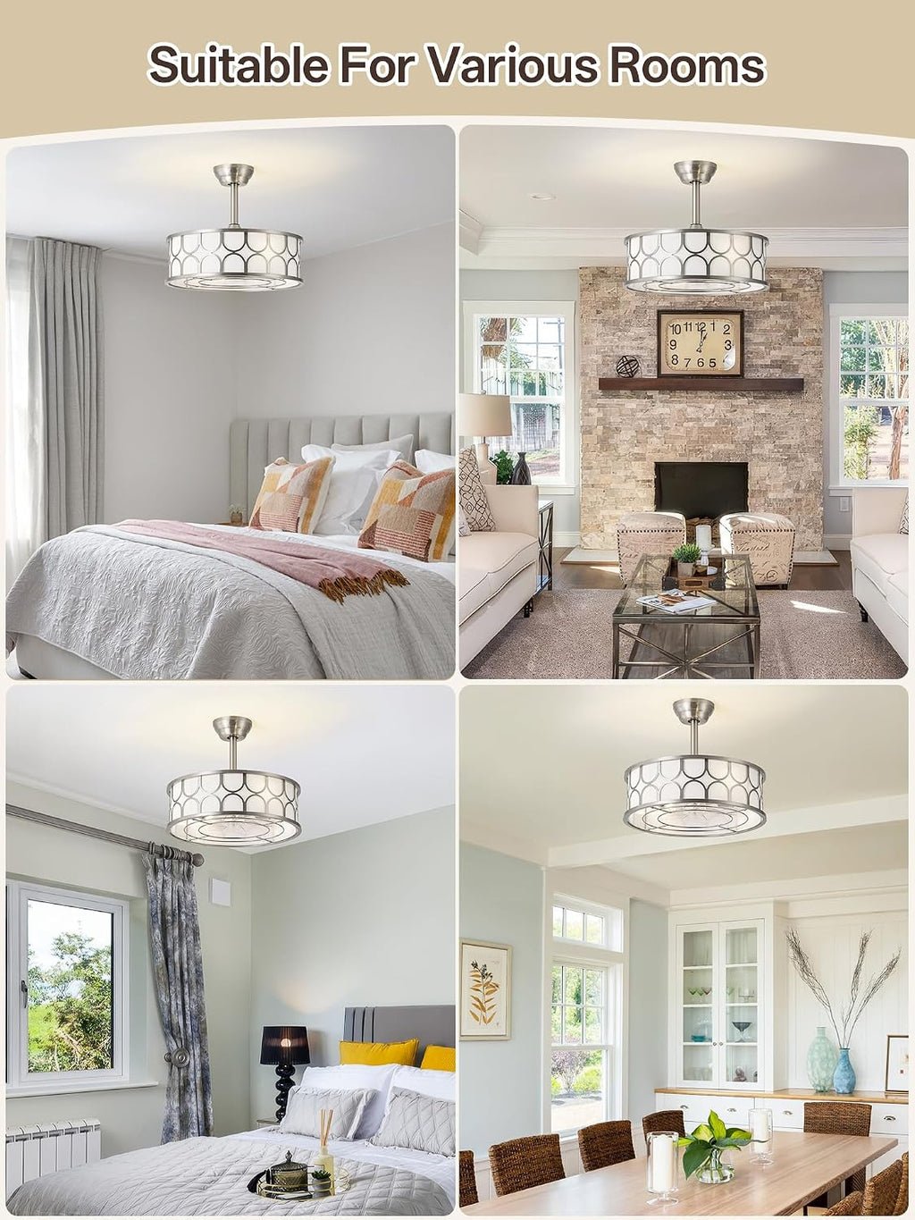 20' Sliver Boho Fandelier Ceiling Fans with Lights, Caged Bladeless Ceiling Fan with Light Remote Control. Chandelier with 6 Speeds for Bedroom, Nursery, Living room.