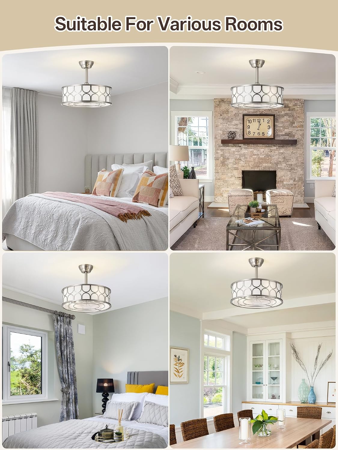 20' Sliver Boho Fandelier Ceiling Fans with Lights, Caged Bladeless Ceiling Fan with Light Remote Control. Chandelier with 6 Speeds for Bedroom, Nursery, Living room.