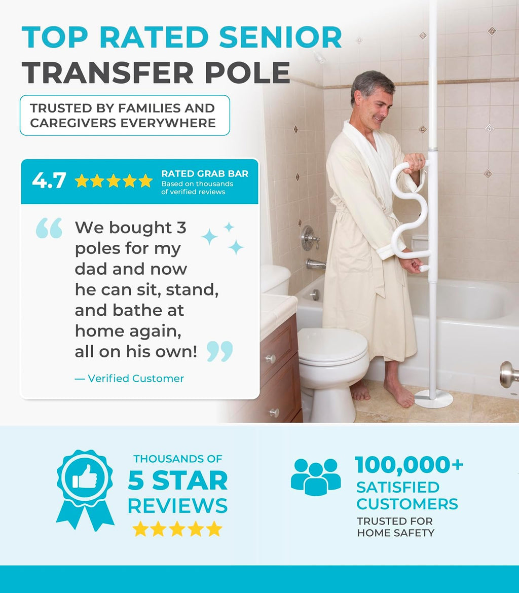 Stander Wonder Pole HD, Heavy Duty Security Pole and Curve Grab Bar, Tension Mounted Floor to Ceiling Transfer Pole for Seniors & Elderly Adults, Bariatric Bath Safety Assist Rail, Supports 400 lbs