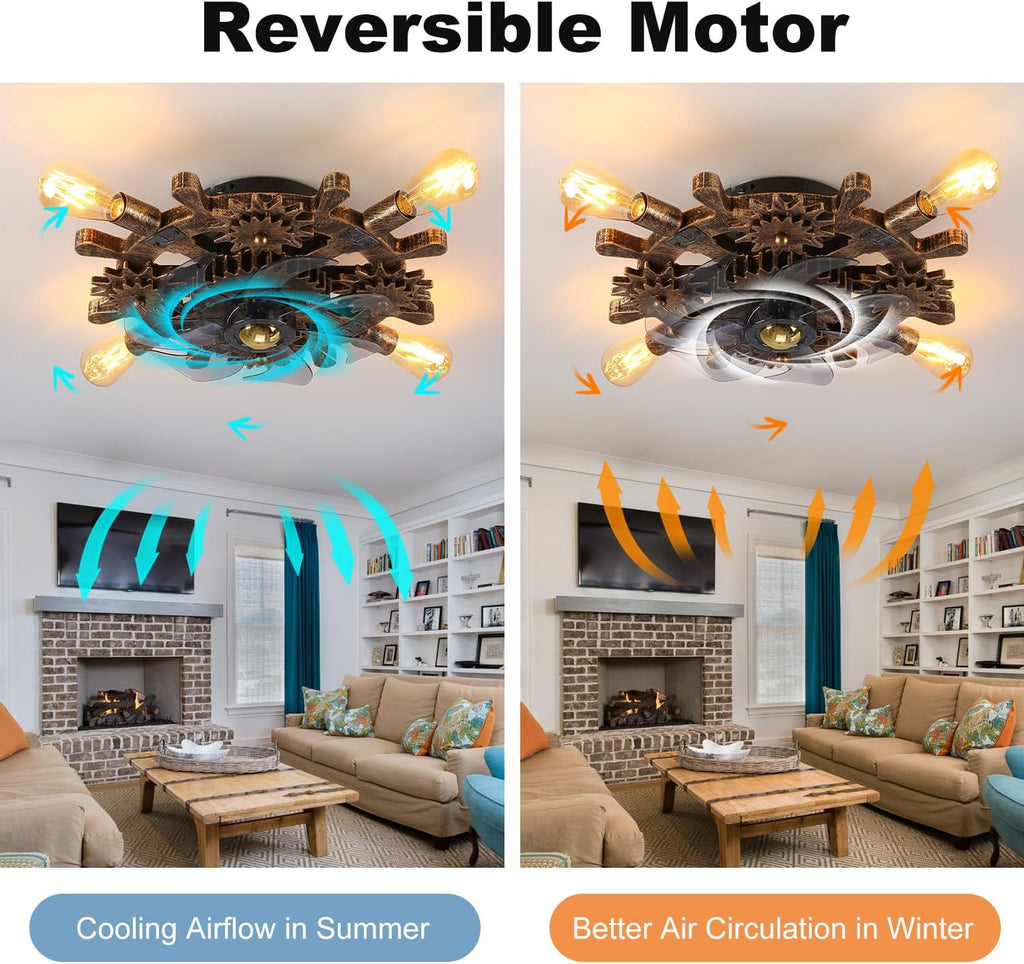 18.9' Vintage Industrial Small Ceiling Fans with Lights and Remote,Wooden Rudder Low Profile Fandelier Ceiling Fan with Light,Flush Mount Bladeless Ceiling Fan for Kitchen,Bedroom,Cafe Bar