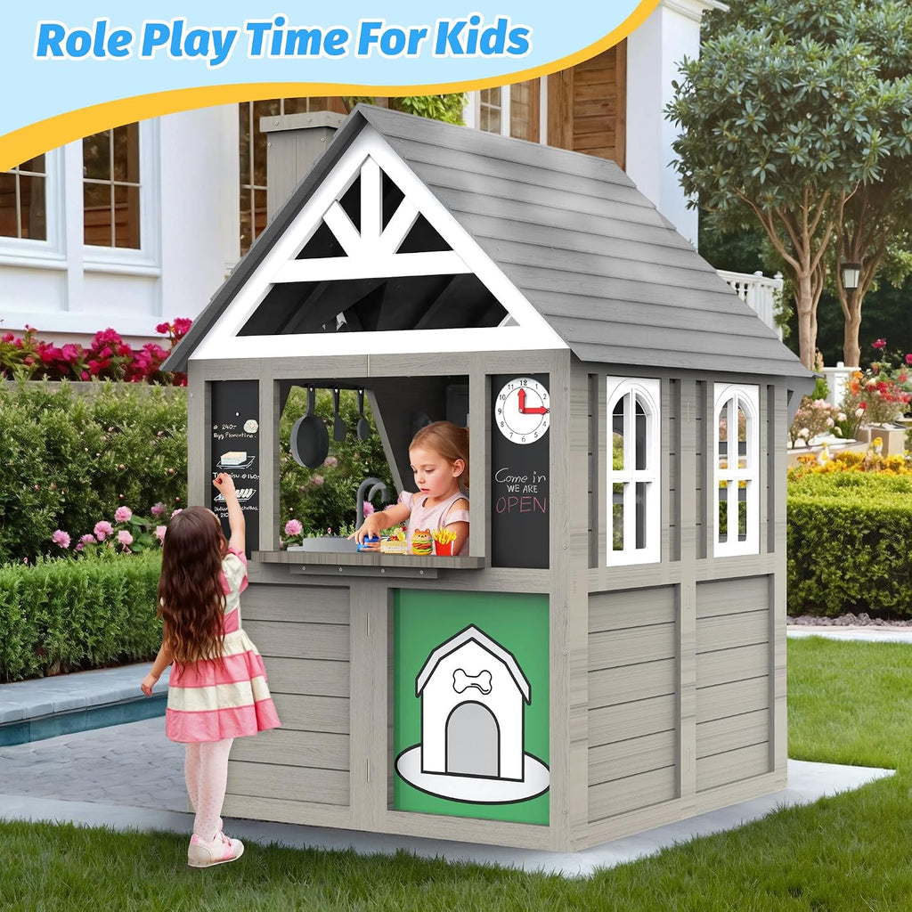 Kids Outdoor Playhouse,Cedar Gray Wooden Play House for Kids Ages 3-8, with Play Kitchen, Interactive Doorbell, Toy Phone, Sink, Flowerpot