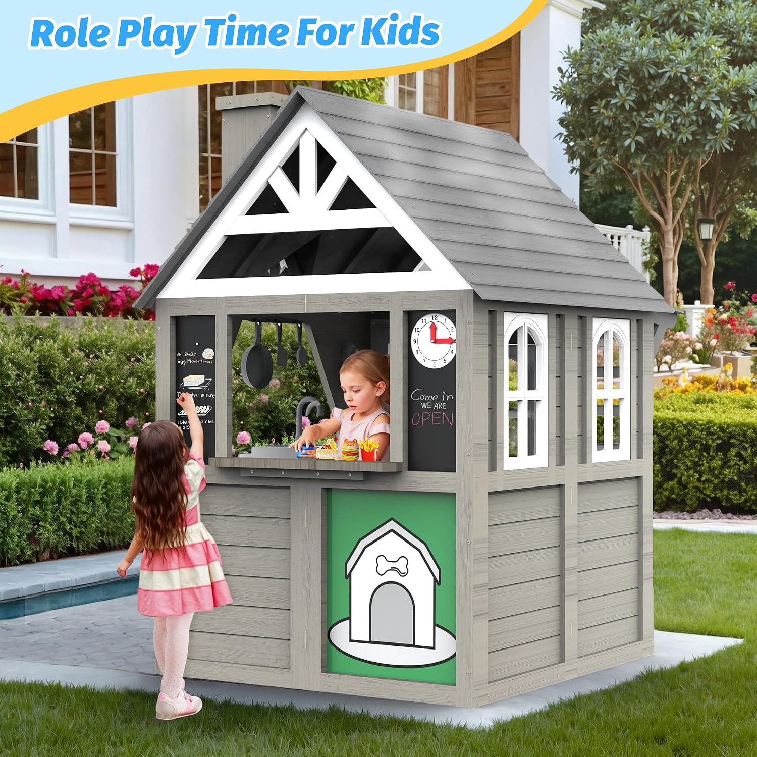 Kids Outdoor Playhouse,Cedar Gray Wooden Play House for Kids Ages 3-8, with Play Kitchen, Interactive Doorbell, Toy Phone, Sink, Flowerpot