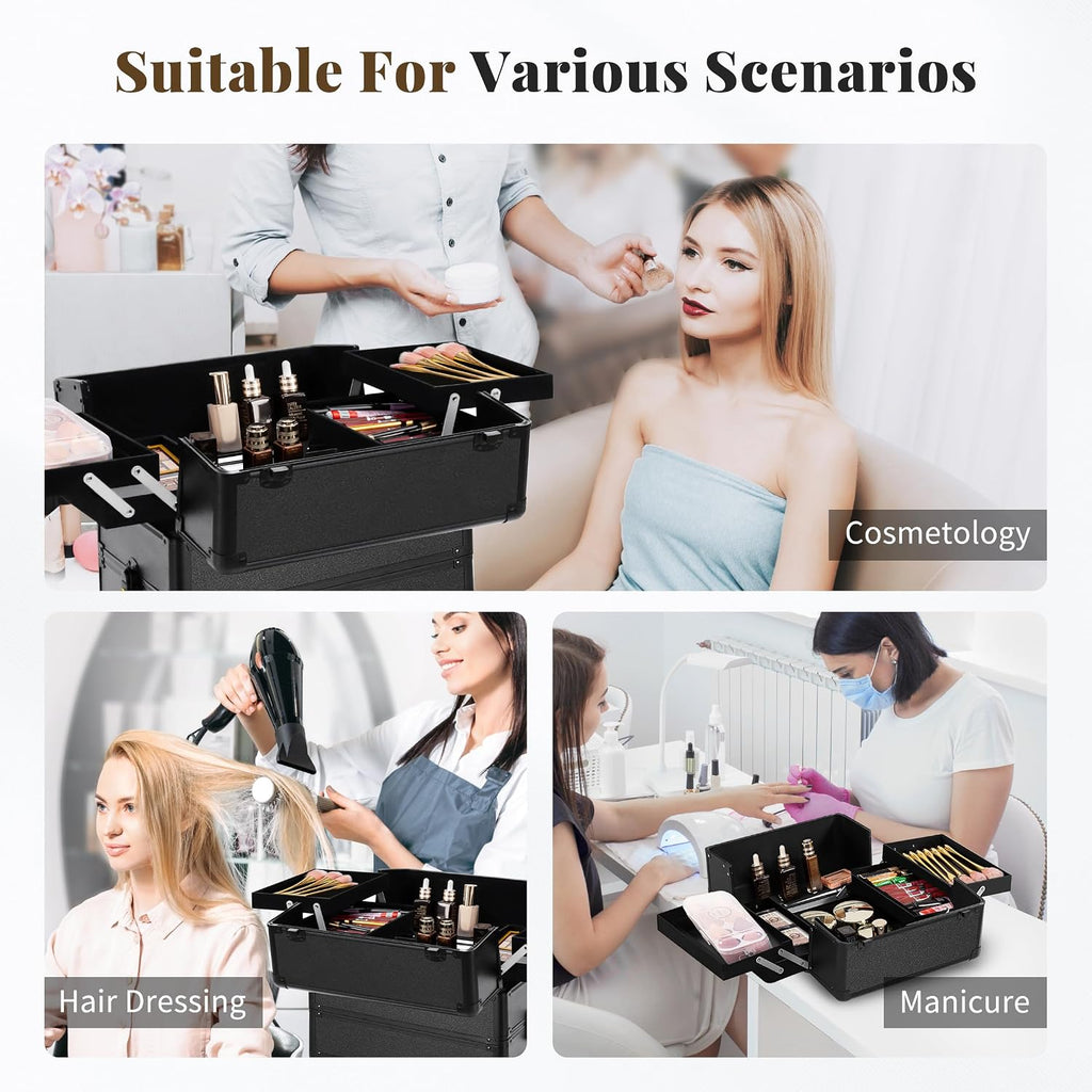 Profesional Rolling Makeup Train Case with Lid, 5 in 1 Cosmetology Case on Wheels, Large Cosmetic Trolley Organizer Travel for Hairstylist Artist Nail Beauty Salon Barber, Black