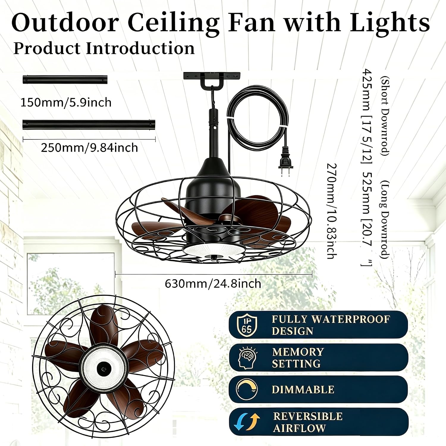 25Inch Outdoor Caged Ceiling Fan with Light Remote Control 3 Color Temp. IP65 Waterproof,Farmhouse Gazebo Fan Light for Patio Canopy Pavilot Living Room Entrance,Black,2026 Upgrad