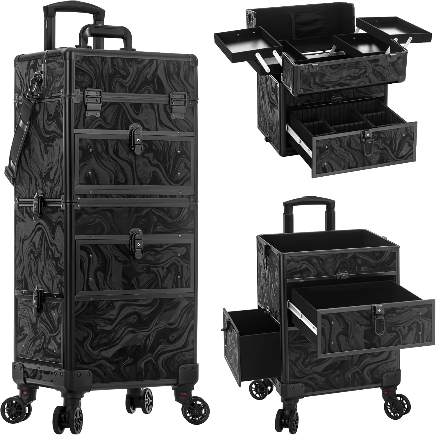AROUS Rolling Makeup Case with 3 Drawers, Cosmetology Case on Wheels 5 IN 1 Makeup Train Case Make Up Organizer for Artist Salon Nail Teach Trunk,Ink Black