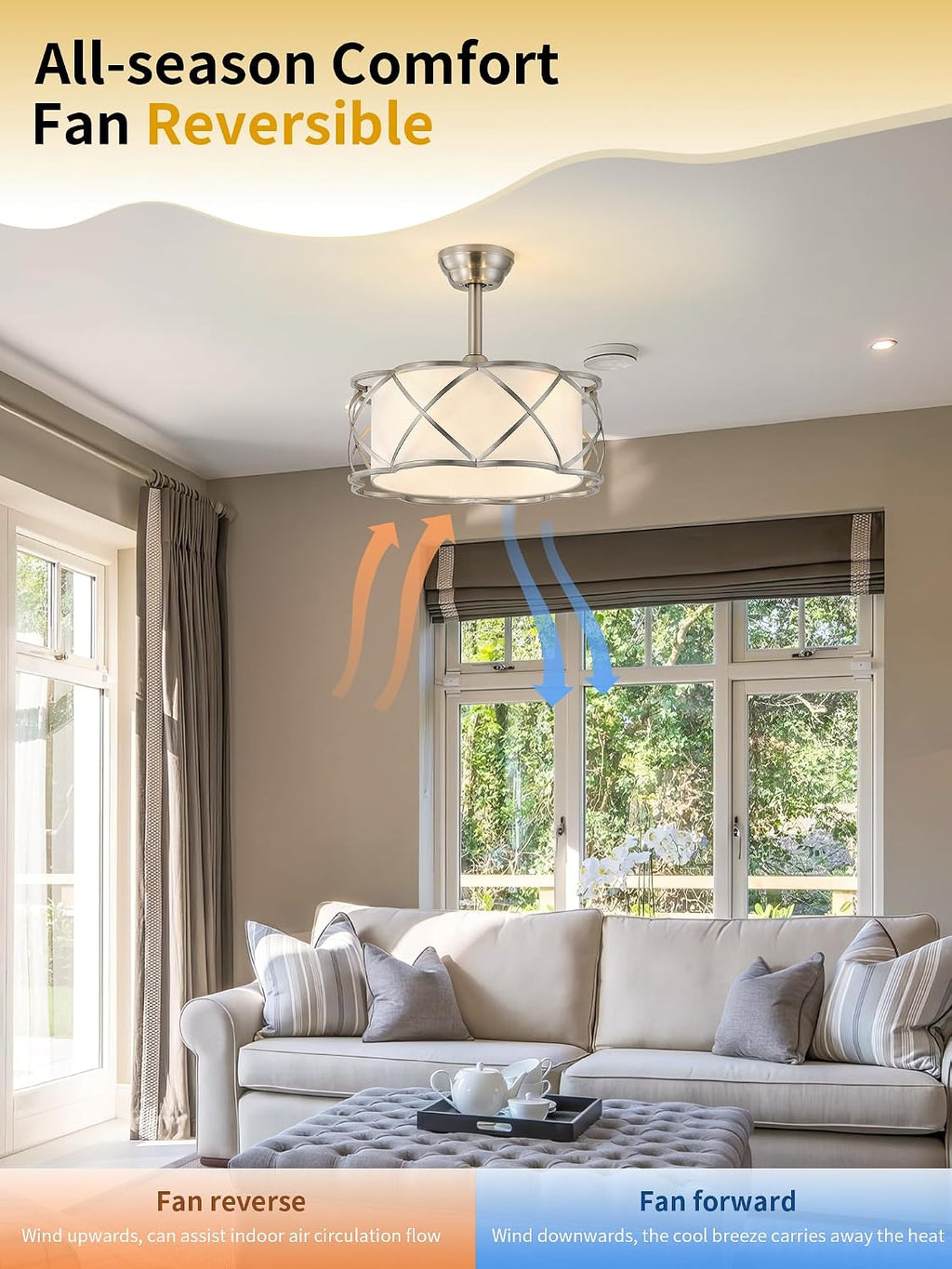 20' Fandelier Ceiling Fans with Lights, Caged Bladeless Ceiling Fan with Light Remote Control, Mid-Century Modern with 6 Speeds for Bedroom, Nursery, Living Room, Silver