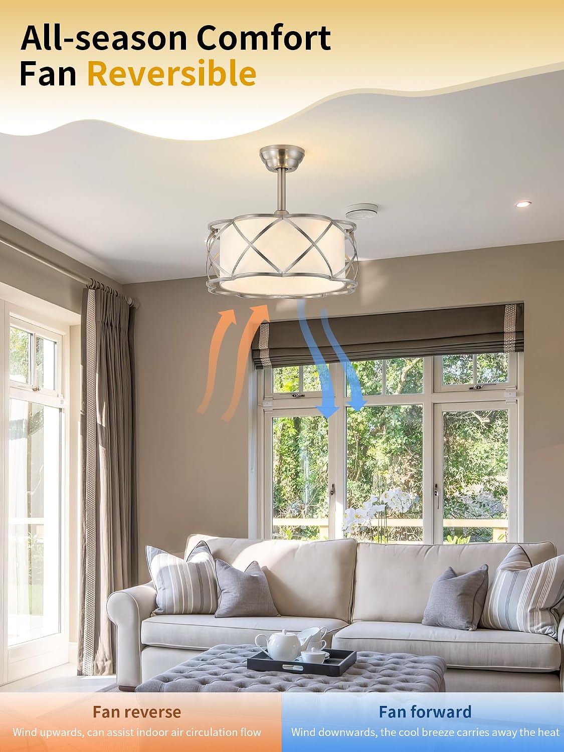 20' Fandelier Ceiling Fans with Lights, Caged Bladeless Ceiling Fan with Light Remote Control, Mid-Century Modern with 6 Speeds for Bedroom, Nursery, Living Room, Silver