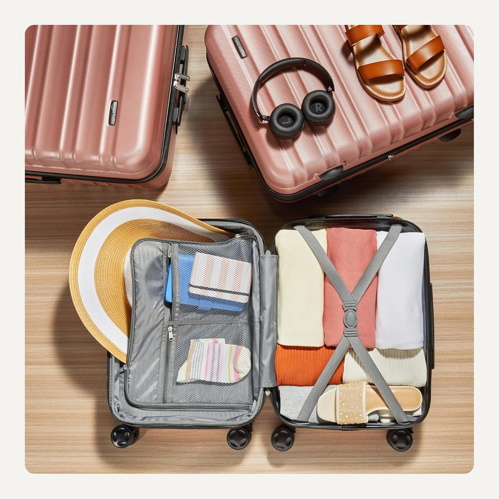 Amazon Basics 3-Piece Hardshell Suitcases Set (21', 26', 30'), Expandable For Up to 25% More Space, With Scratch-Resistant Finish, Four Multi-Directional Wheels, Rose Gold