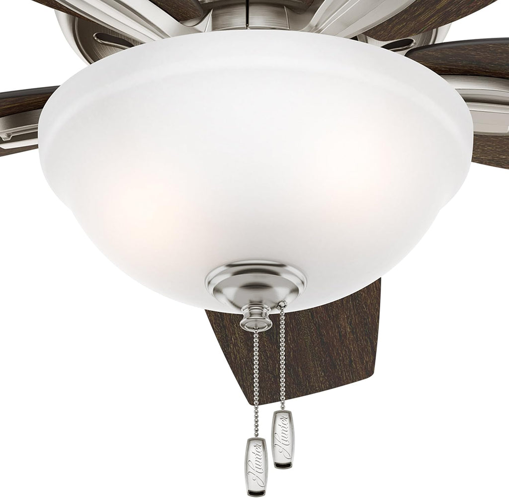 Hunter Fan 42' Hugger Ceiling Fan in Brushed Nickel with Cased White Glass Light Kit, 5 Blade (Renewed)