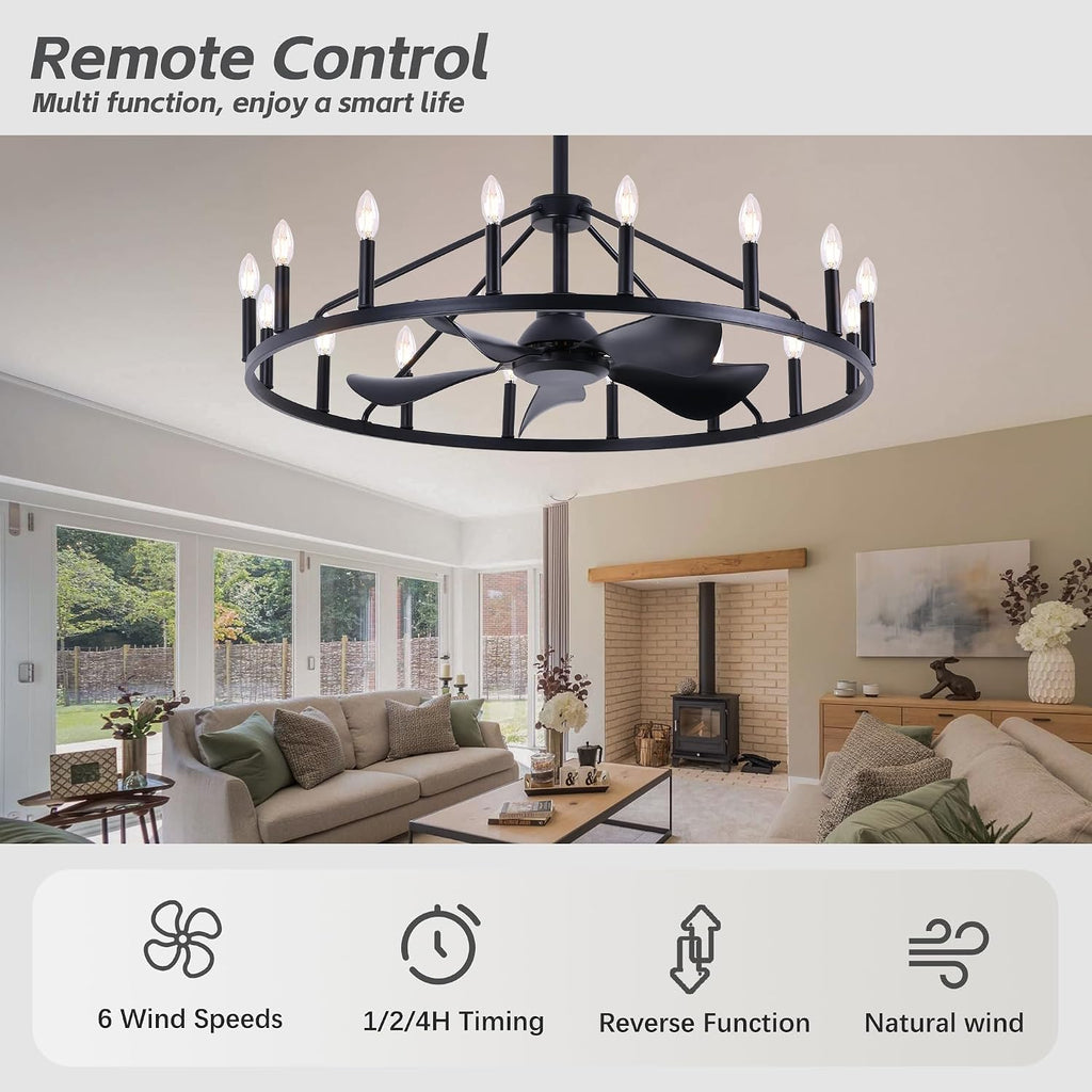 Farmhouse Chandelier Ceiling Fan with Light and Remote, 16-Lights Large Wagon Wheel Fandelier with Candle for Living Room,Rustic Black Fan with Big Light Fixture for Loft