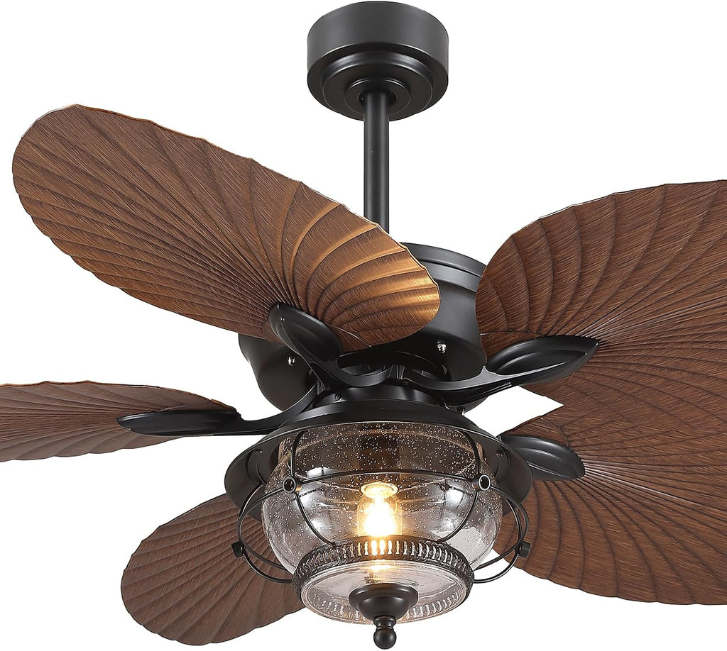 Wiviniya 52 Inch Tropical Ceiling Fans with Lights and Remote, Palm Leaf Waterproof Outdoor Ceiling Fan for Patios Porches Gazebos, Wet Rated, Glass Lampshade, Quiet DC Motor, Brown (Bulb Included)