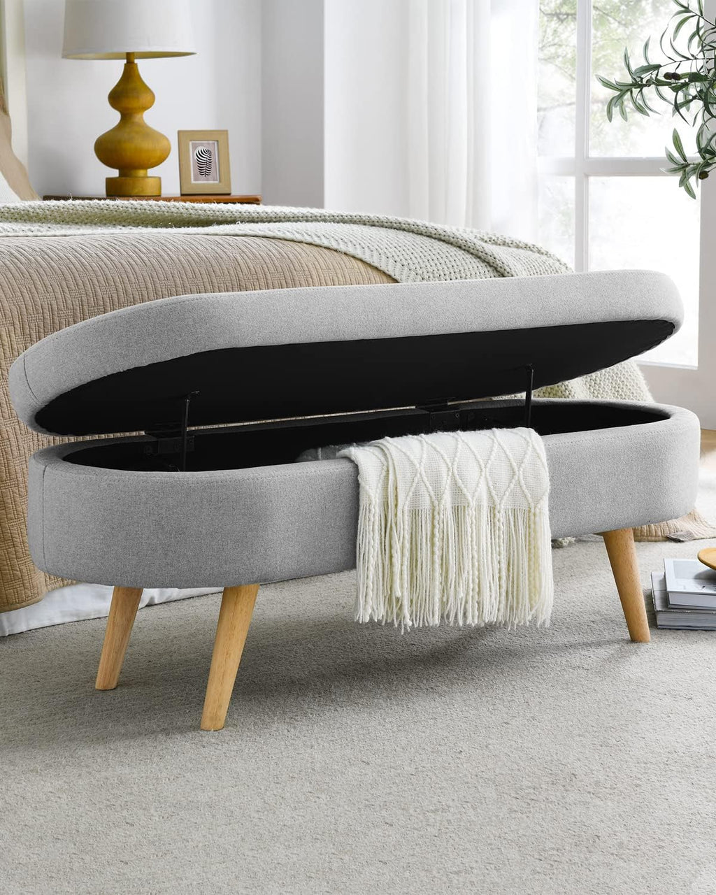 ECLYL Oval Storage Bench 43.5' Linen Fabric Upholstered Entryway Bench with Solid Wood Legs Ottoman Bench Indoor Bench for Living Room/Bedroom/End of Bed/Entryway (Grey)