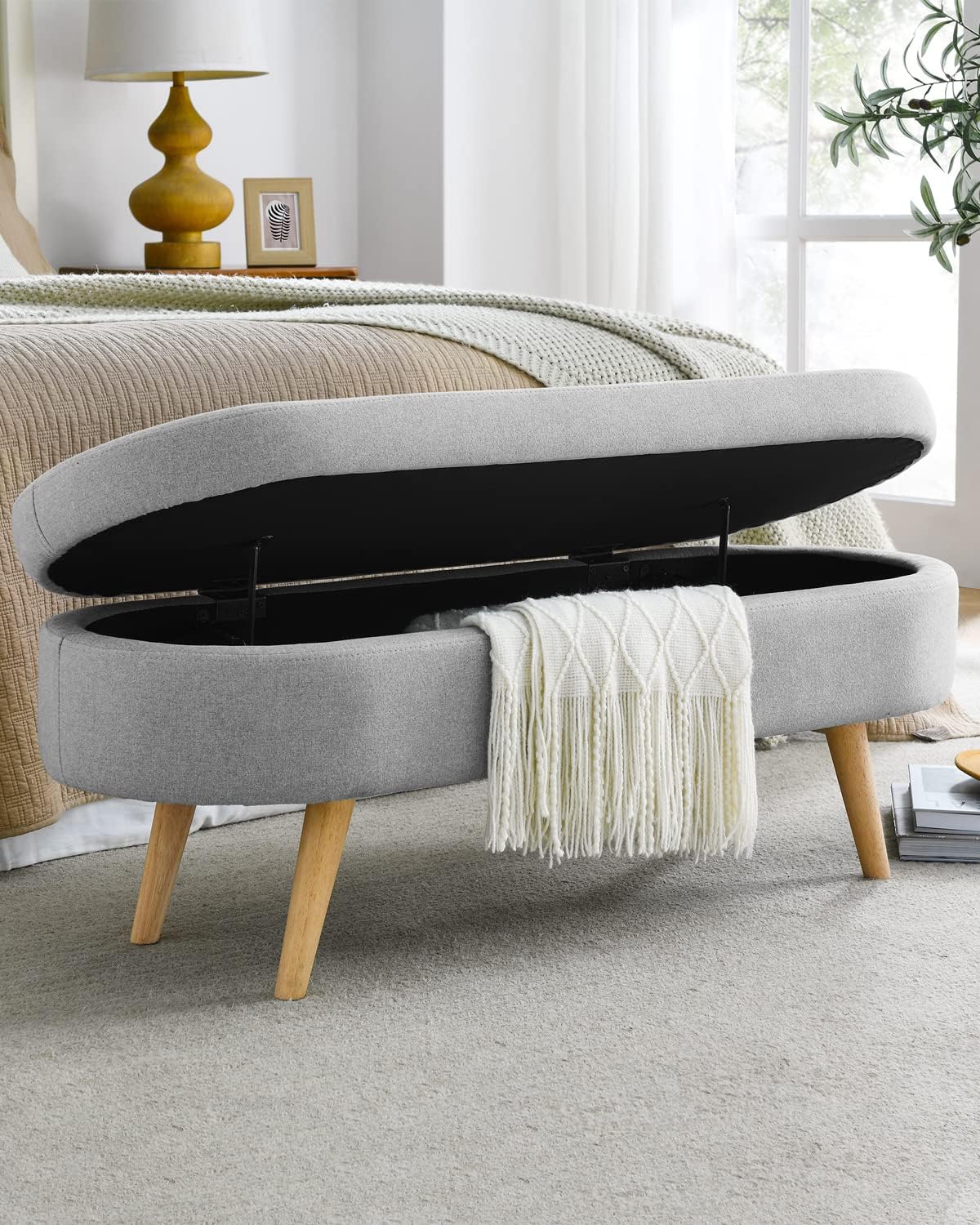 ECLYL Oval Storage Bench 43.5' Linen Fabric Upholstered Entryway Bench with Solid Wood Legs Ottoman Bench Indoor Bench for Living Room/Bedroom/End of Bed/Entryway (Grey)