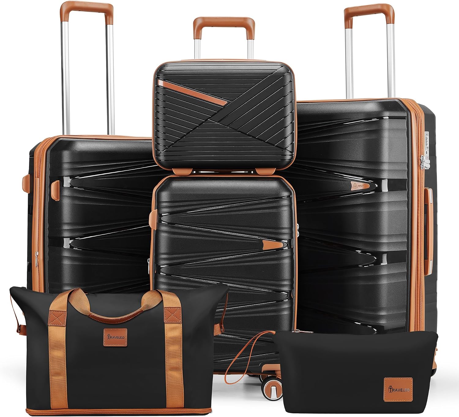 TRAVELEO 6 Piece Luggage Set PP Hardshell, Expandable Suitcase Set with Spinner Wheels (20/24/28), Includes 14' Cosmetic Case, Travel Duffel & Toiletry Bag, Lightweight TSA Lock Nested Set (Black)