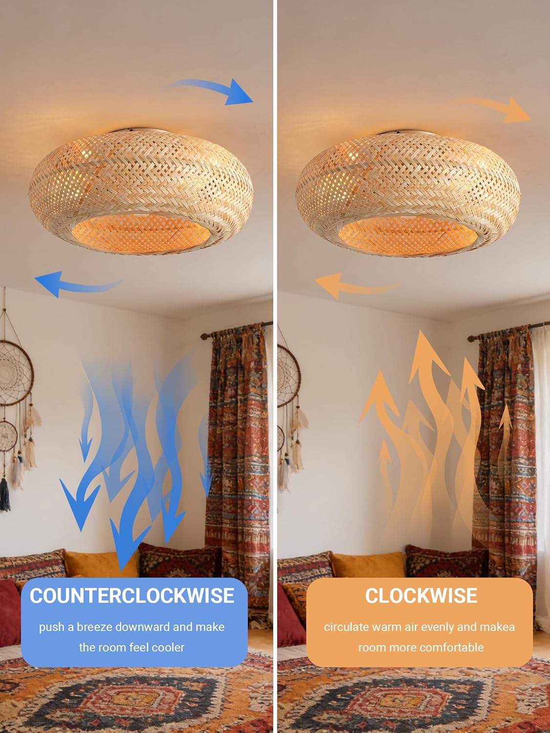 20in Boho Ceiling Fans with Lights,Rattan Caged Low Profile Ceiling Fan with Light,6 Speeds Timer Reversible DC Motor for Living Room Bedroom Dining Room