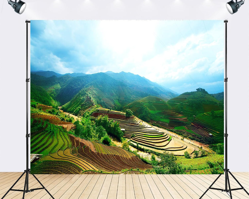 Trykid 20x10ft Lush Terraced Rice Field Mountain Backdrop Green Valley River Photography Background Agriculture Scenic Nature Gathering Party Decoration Tapestry Photo Booth Prop Fabric
