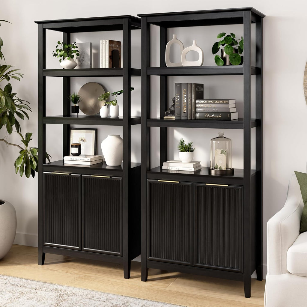 Bush Home Fluted 5 Shelf Bookcase with Doors - Set of 2, Living Room Furniture, Camille Collection, Onyx Birch Black