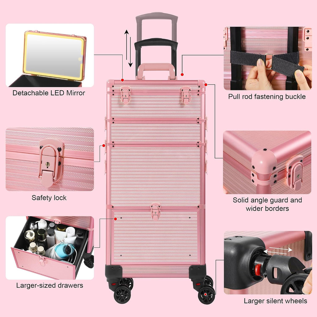 Somduy Makeup Train Case with LED Mirror, Rolling Makeup Case with Drawers, Cosmetology Case on Wheels, Gift, Travel Makeup Organizers, Profesional Cosmetic Case for Salon Barber,Nail,Tattoo, Pink