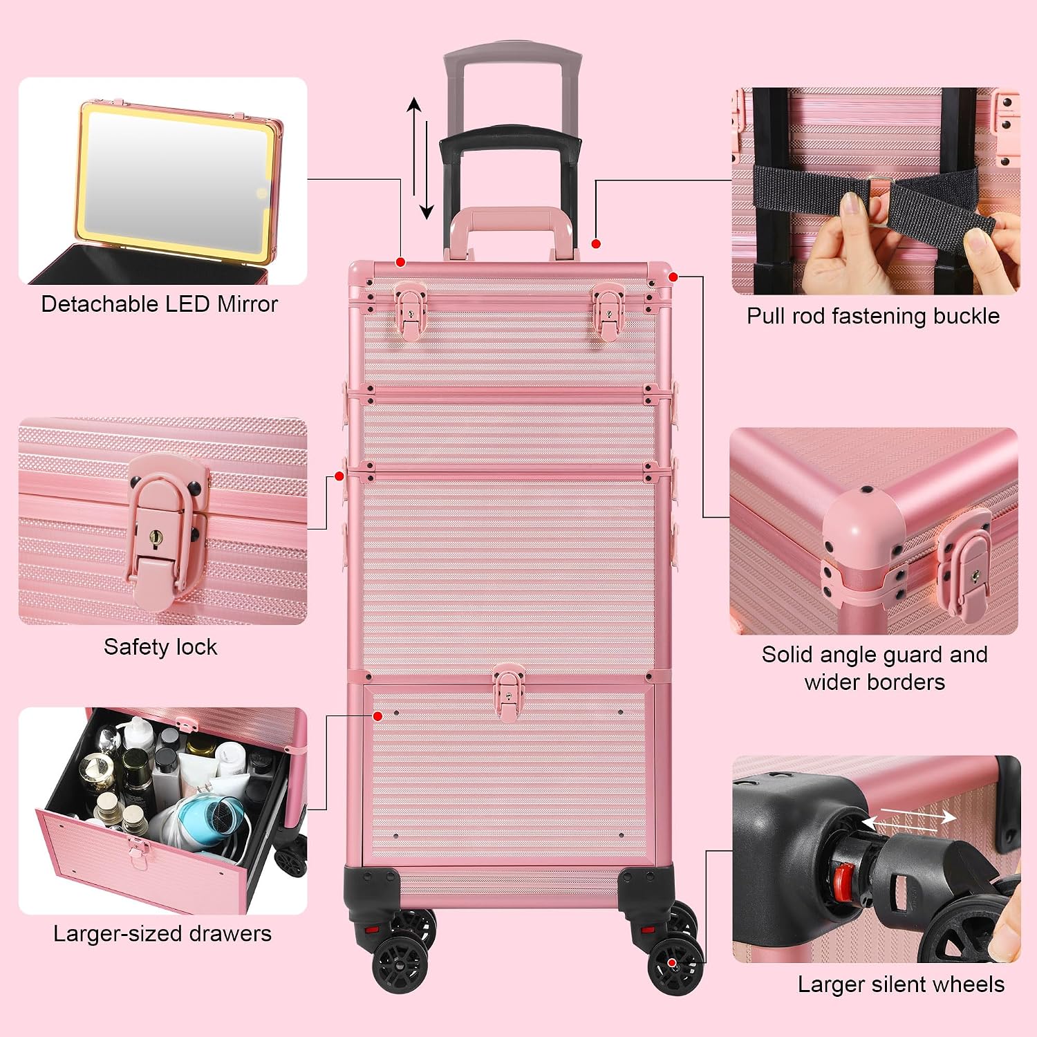 Somduy Makeup Train Case with LED Mirror, Rolling Makeup Case with Drawers, Cosmetology Case on Wheels, Gift, Travel Makeup Organizers, Profesional Cosmetic Case for Salon Barber,Nail,Tattoo, Pink