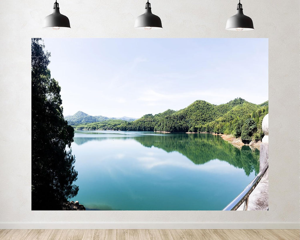Trykid 20x10ft Tranquil Emerald Lake Backdrop Lush Forest Reflections Distant Hills Clear Sky Photography Background Nature Party Decoration Photo Booth Prop Fabric