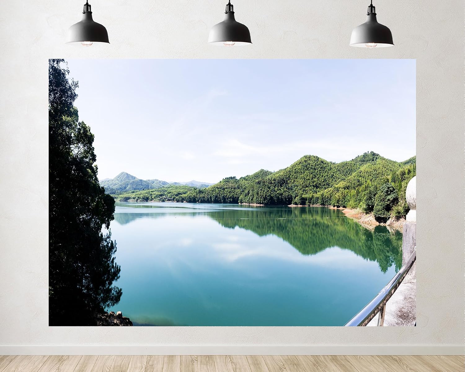 Trykid 20x10ft Tranquil Emerald Lake Backdrop Lush Forest Reflections Distant Hills Clear Sky Photography Background Nature Party Decoration Photo Booth Prop Fabric