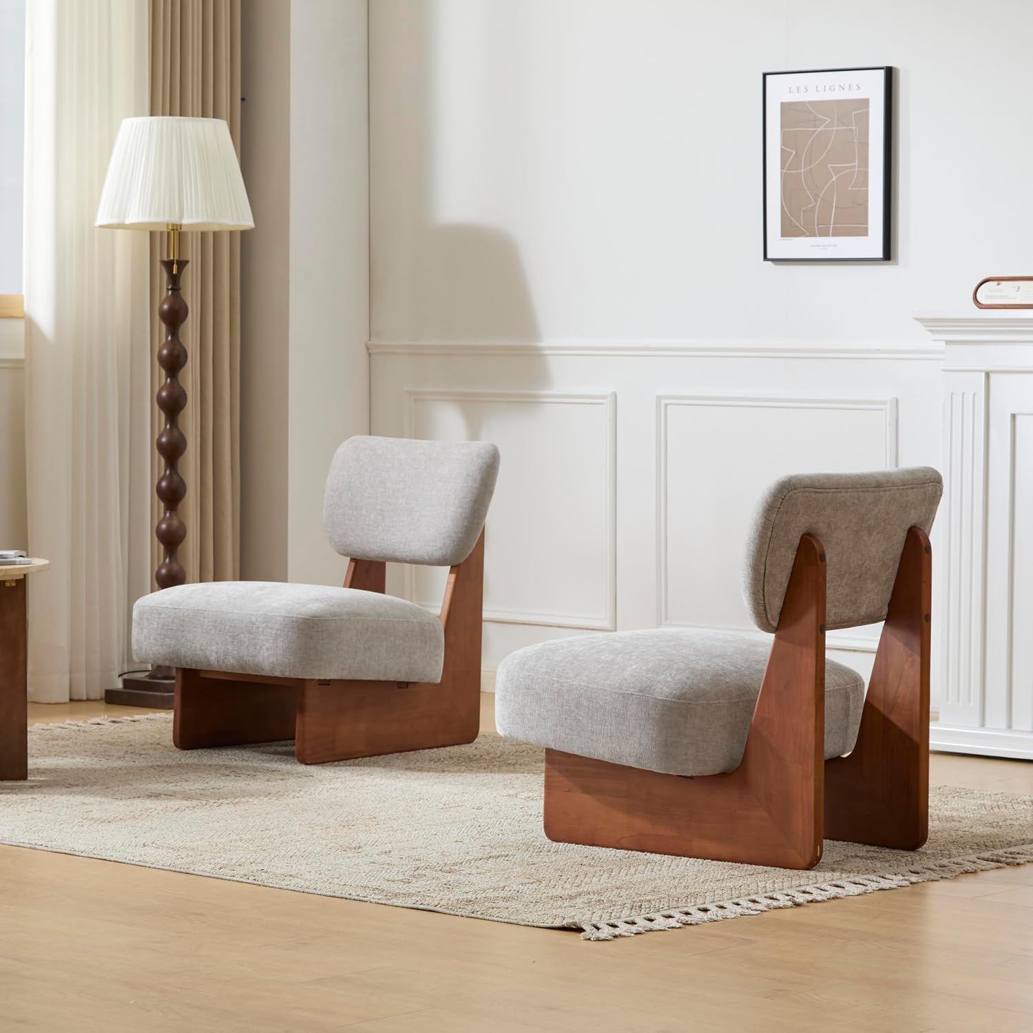 Christopher Knight Home Mores Low Profile Accent Chair Set of 2, Modern Living Room Armless Lounge Chair, Fabric Comfy Reading Chair for Bedroom, Wooden Frame and Thick Padded Seat, Walnut+Gray