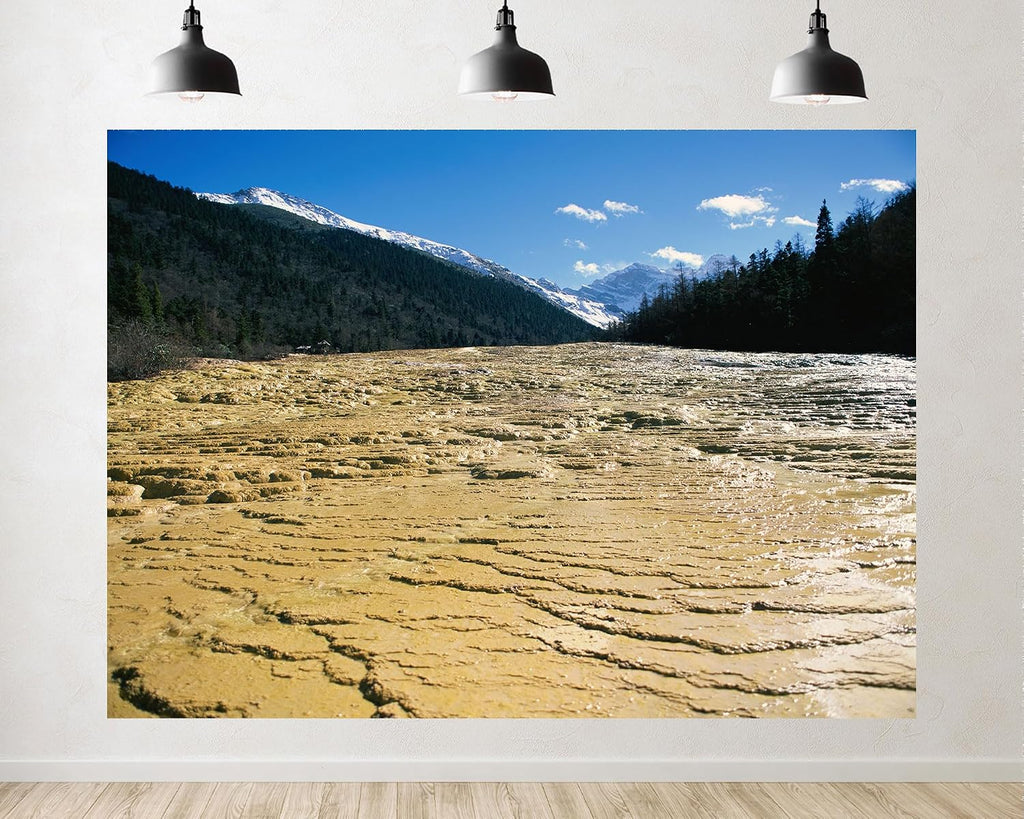 Trykid 20x10ft Yellow Travertine Terraces Backdrop Snow Capped Peaks Dense Forests Clear Blue Sky Photography Background Countryside Wedding Event Party Decoration Photo Booth Prop Fabric