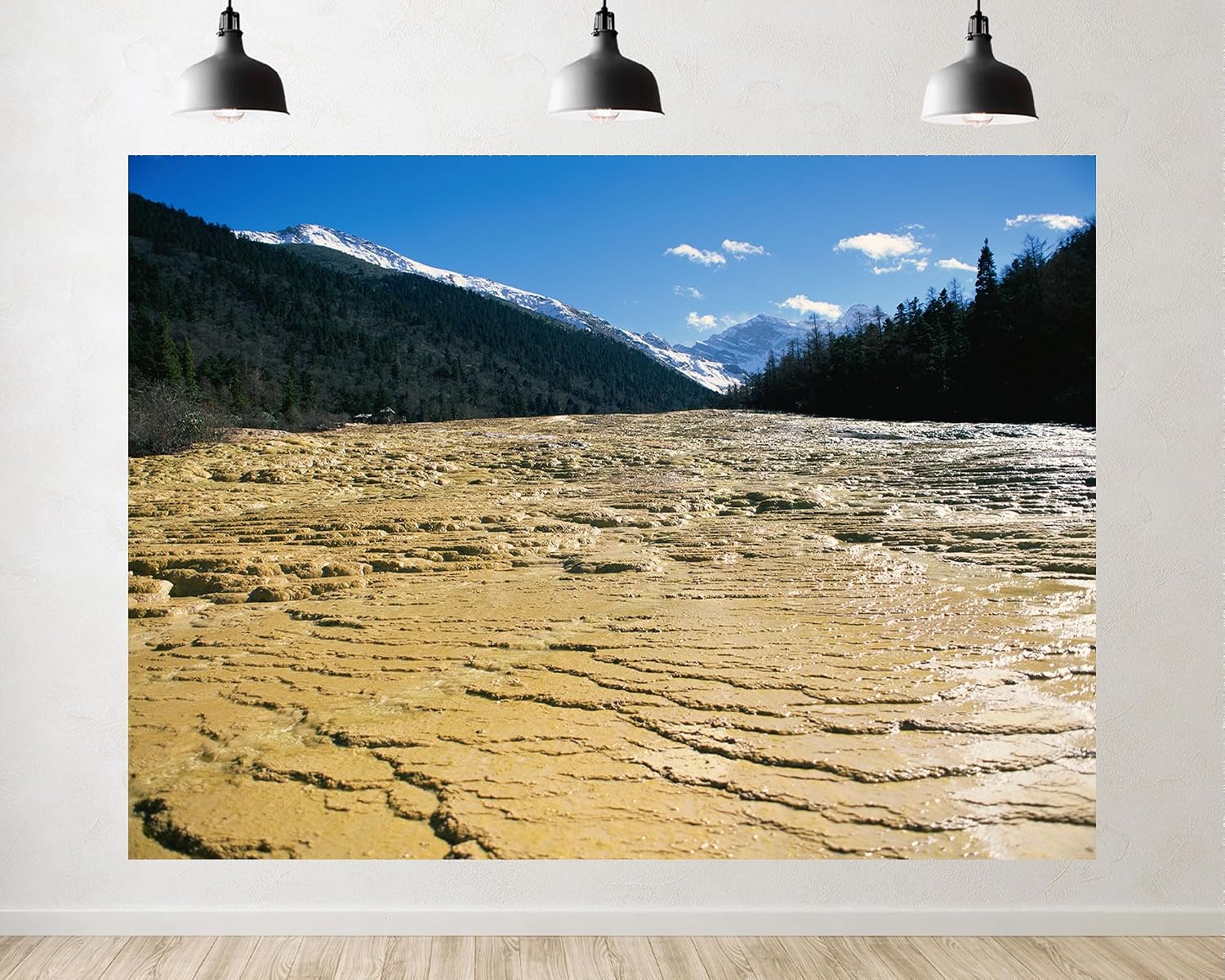 Trykid 20x10ft Yellow Travertine Terraces Backdrop Snow Capped Peaks Dense Forests Clear Blue Sky Photography Background Countryside Wedding Event Party Decoration Photo Booth Prop Fabric