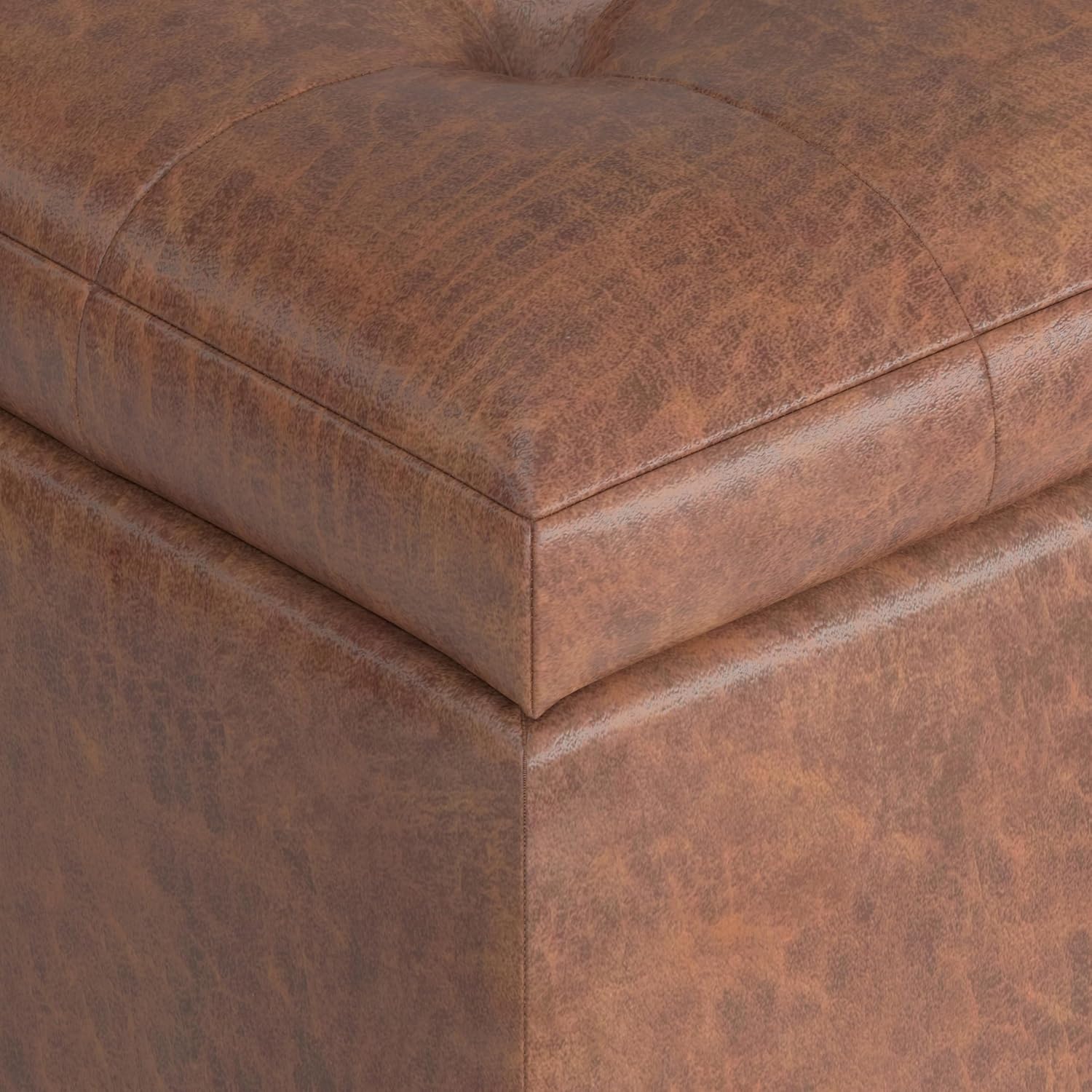 SIMPLIHOME Cosmopolitan Storage Ottoman - 34 inch Wide Upholstered Vegan Leather Rectangle Storage Ottoman Bench in Distressed Saddle Brown, Transitional Tufted Ottoman for Entryway with Lift-Up Lid
