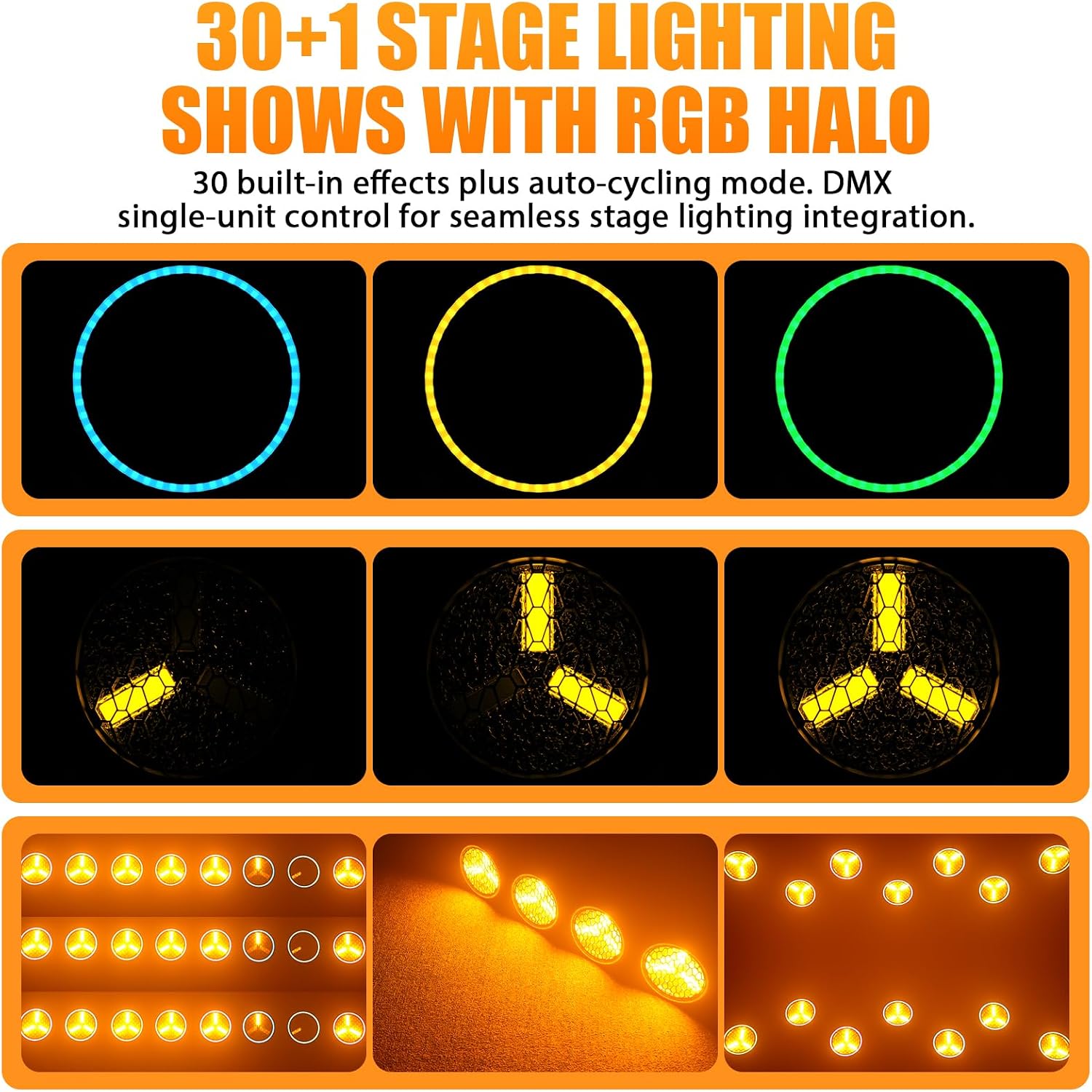 Stage Par Lights COB Stage Spotlights, Gold Super Bright LED Par Can Light with Strip, DMX512 Sound Activated Retro Uplights Indoor for Events Club Wedding Theater Church Dance Lighting(2 Pack)