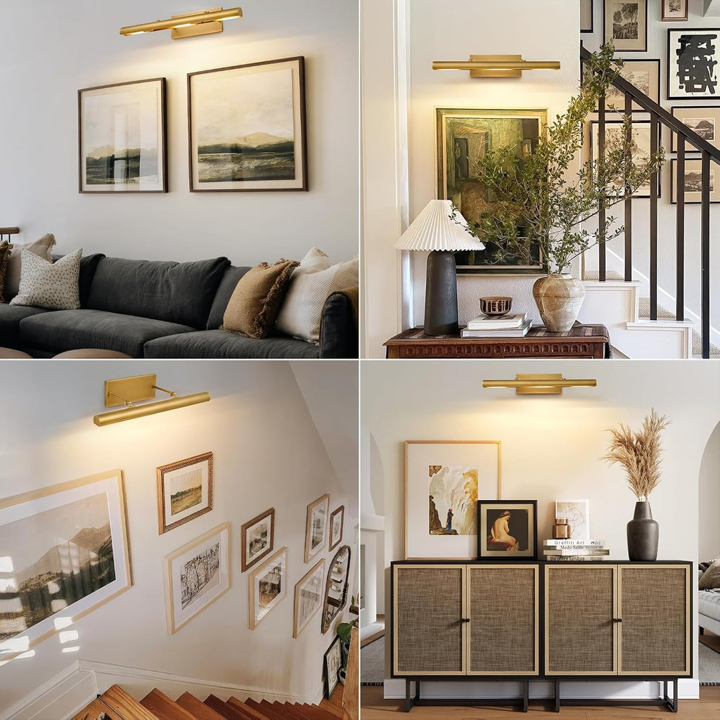 Art Picture Frame Wall Light: 24' Glod Dimmable Vintage Artwork Brass Painting Spotlight - Hardwired Swing Arm Rotatable 3 Lights over Picture - Linear Accent Lighting above Photo for Gallery Bookcase