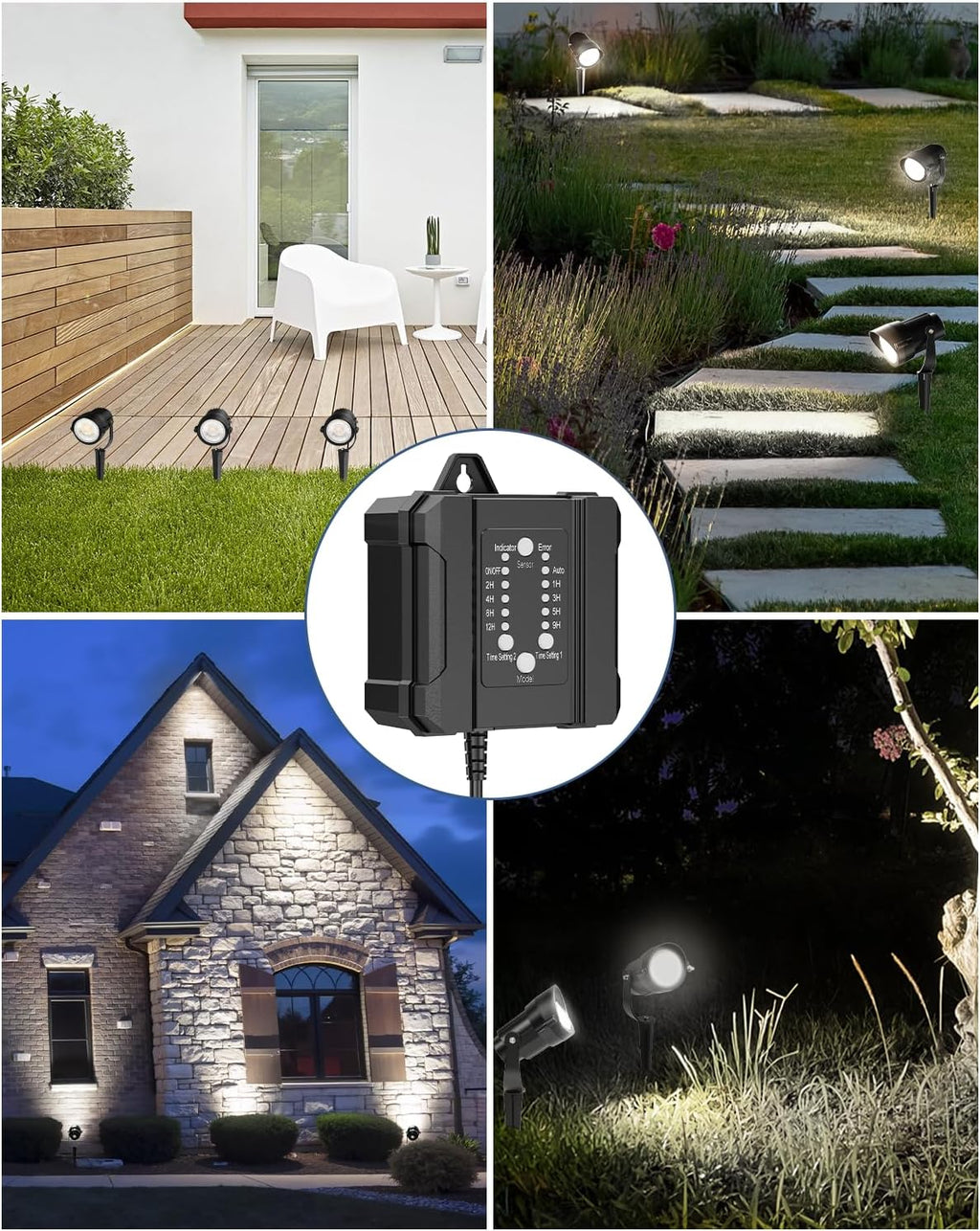HIBOITEC Low Voltage Landscape Lighting 1200LM 12W with Connectors 100W Transformer Photocell Sensor and Timer Spotlights Landscape Lights Kit IP65 Waterproof 5000K for House Yard Trees Garden 8 Packs